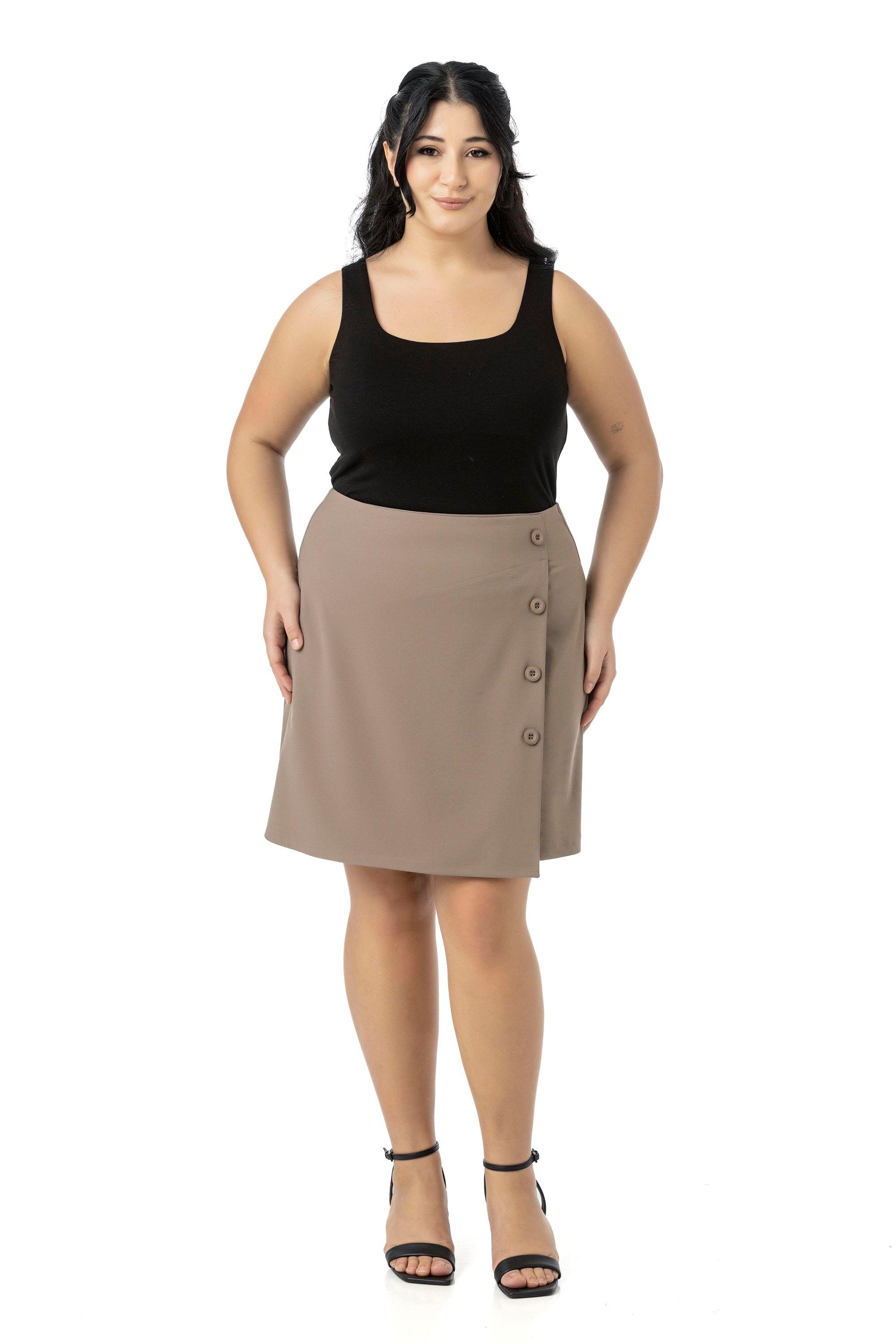 EtekDisentis Modest Büyük Beden Önü Çift Katlı Süs Düğme Detaylı Fermuar Kapamalı Mini Vizon EtekDISENTIS MODESTBüyük Beden Önü Çift Katlı Süs Düğme Detaylı Fermuar Kapamalı Mini Vizon Etek