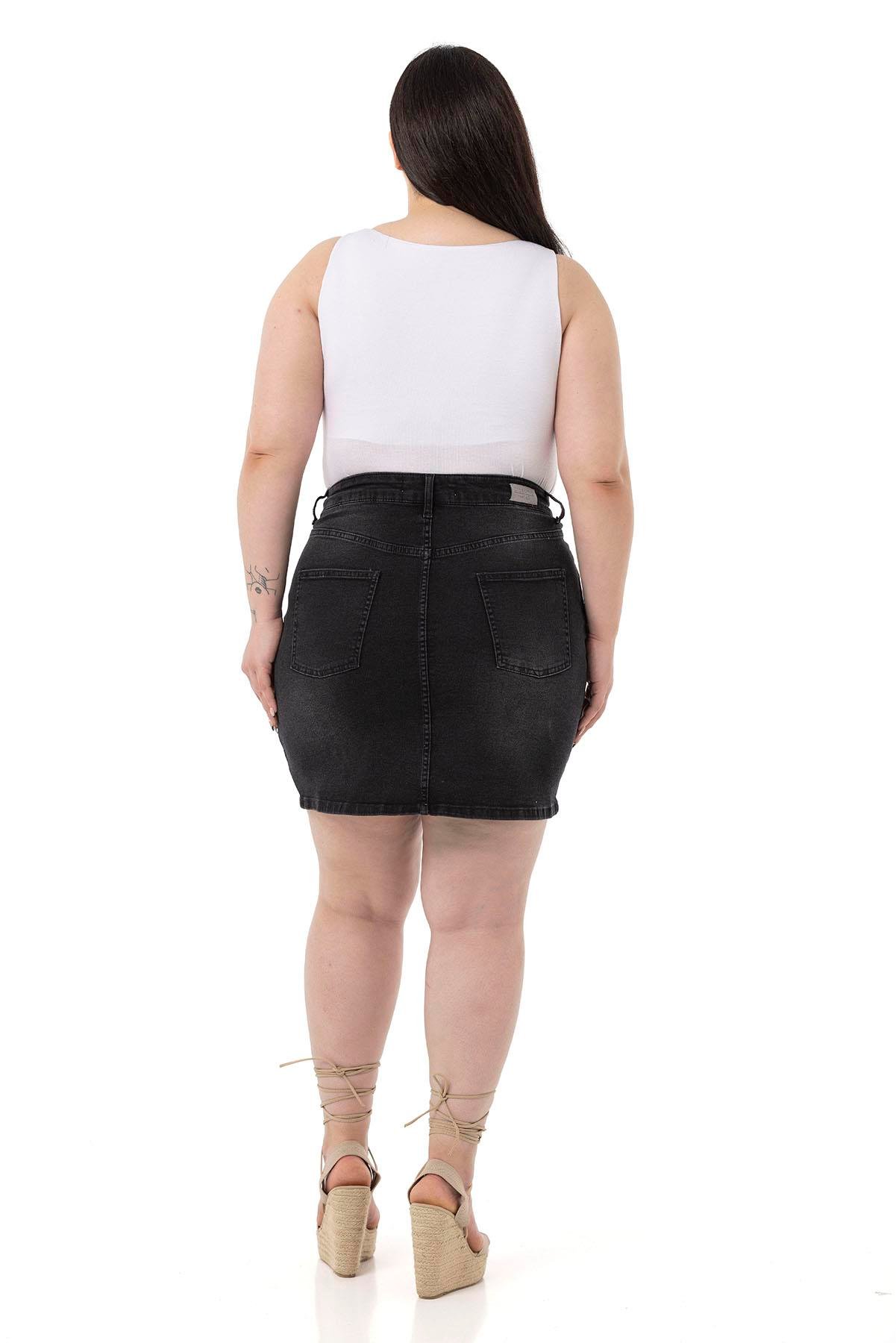 EtekDisentis Modest Taşlama Detaylı Beş Cepli Siyah Mini Denim EtekDISENTIS MODESTBüyük Beden Taşlama Detaylı Beş Cepli Siyah Mini Denim Etek