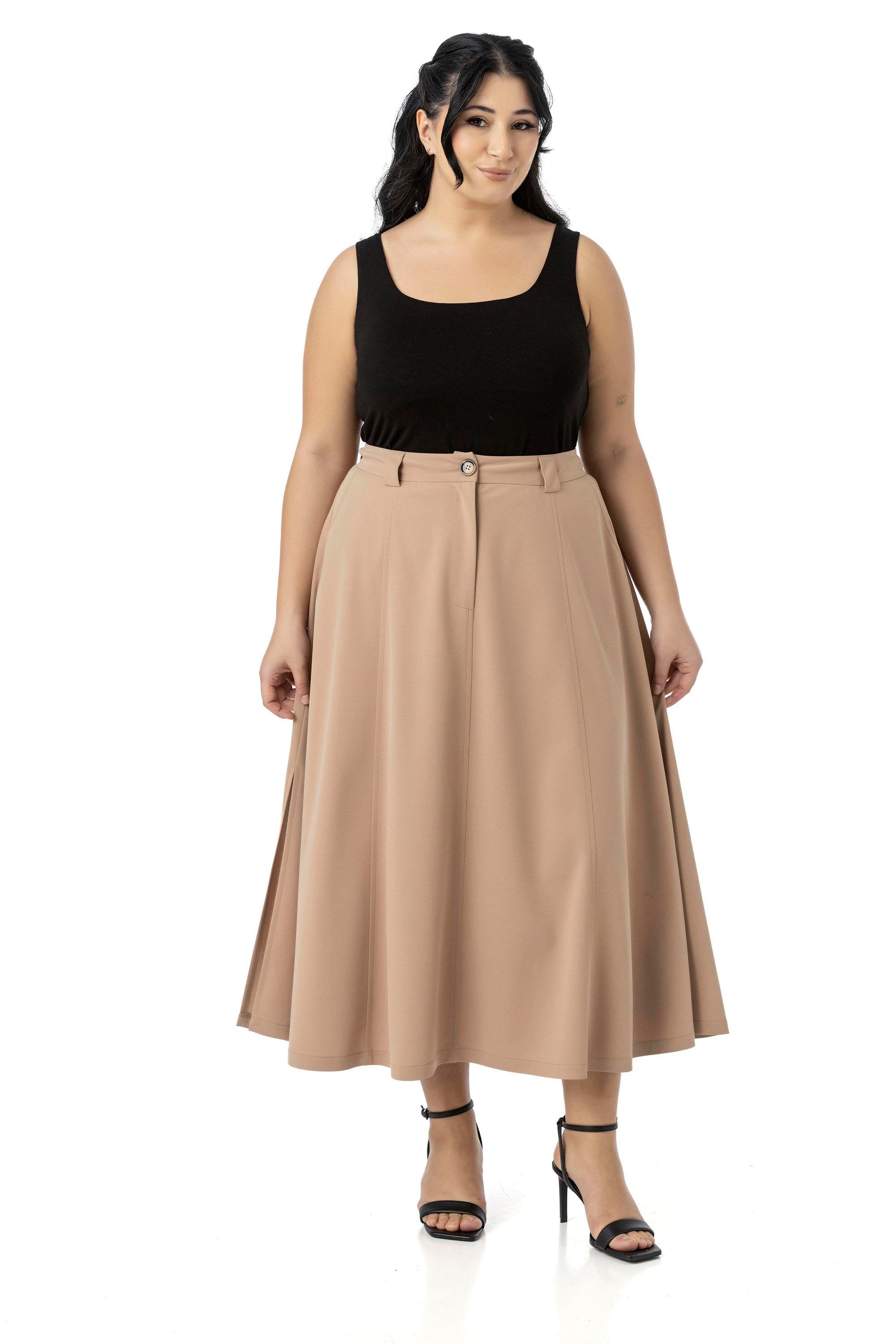 EtekDisentis Modest Büyük Beden Yanlardan Yırtmaçlı Beli Arkadan Lastikli Midi Vizon EtekDISENTIS MODESTBüyük Beden Yanlardan Yırtmaçlı Beli Arkadan Lastikli Midi Vizon Etek