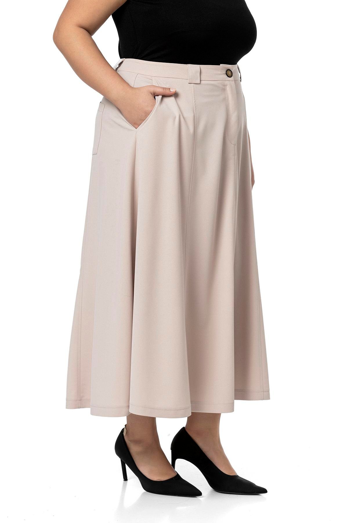 EtekDisentis Modest Büyük Beden Yanlardan Yırtmaçlı Beli Arkadan Lastikli Midi Bej Rengi EtekDISENTIS MODESTBüyük Beden Yanlardan Yırtmaçlı Beli Arkadan Lastikli Midi Bej Rengi Etek