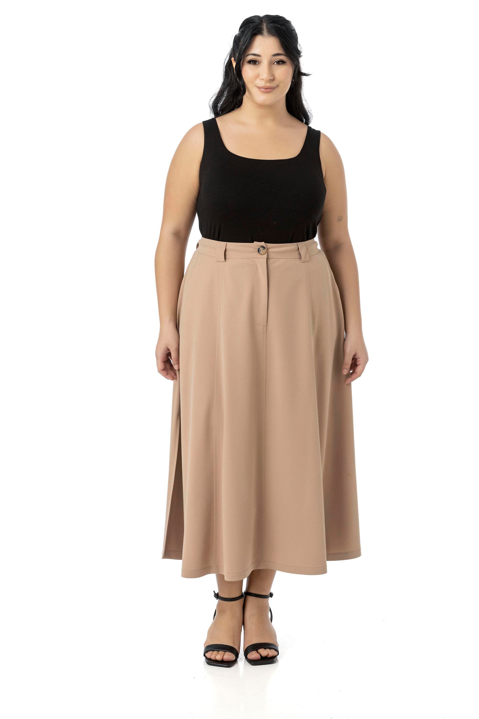 EtekDisentis Modest Büyük Beden Yanlardan Yırtmaçlı Beli Arkadan Lastikli Midi Vizon EtekDISENTIS MODESTBüyük Beden Yanlardan Yırtmaçlı Beli Arkadan Lastikli Midi Vizon Etek