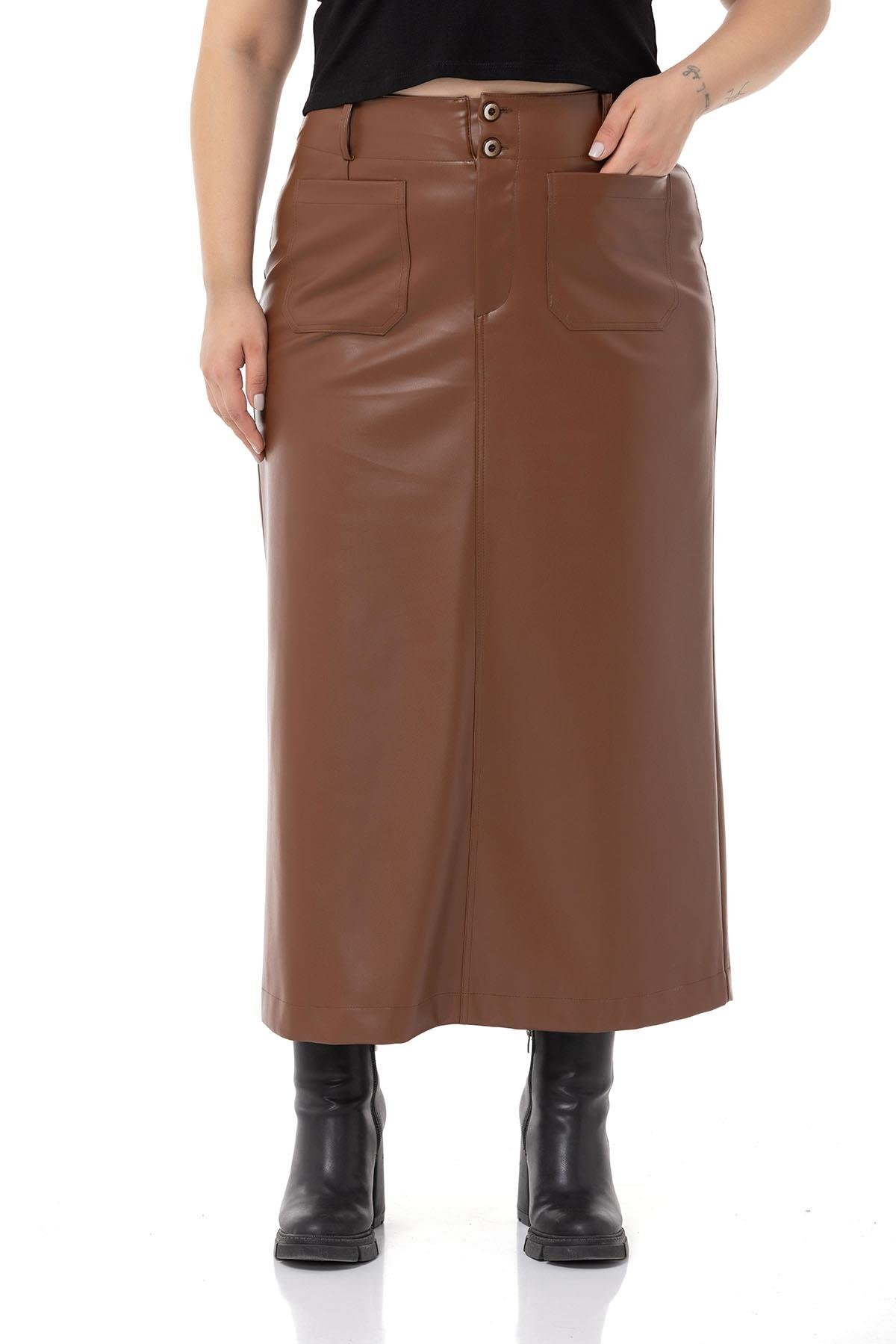 EtekDISENTISDISENTIS MODESTBüyük Beden Yırtmaç Detaylı Cepli Uzun Kahverengi Deri Etek