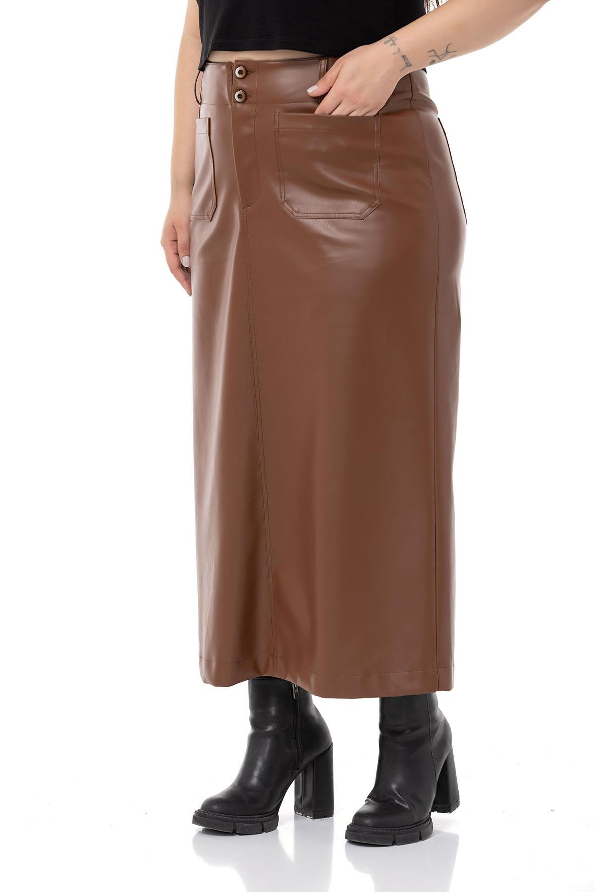EtekDISENTISDISENTIS MODESTBüyük Beden Yırtmaç Detaylı Cepli Uzun Kahverengi Deri Etek