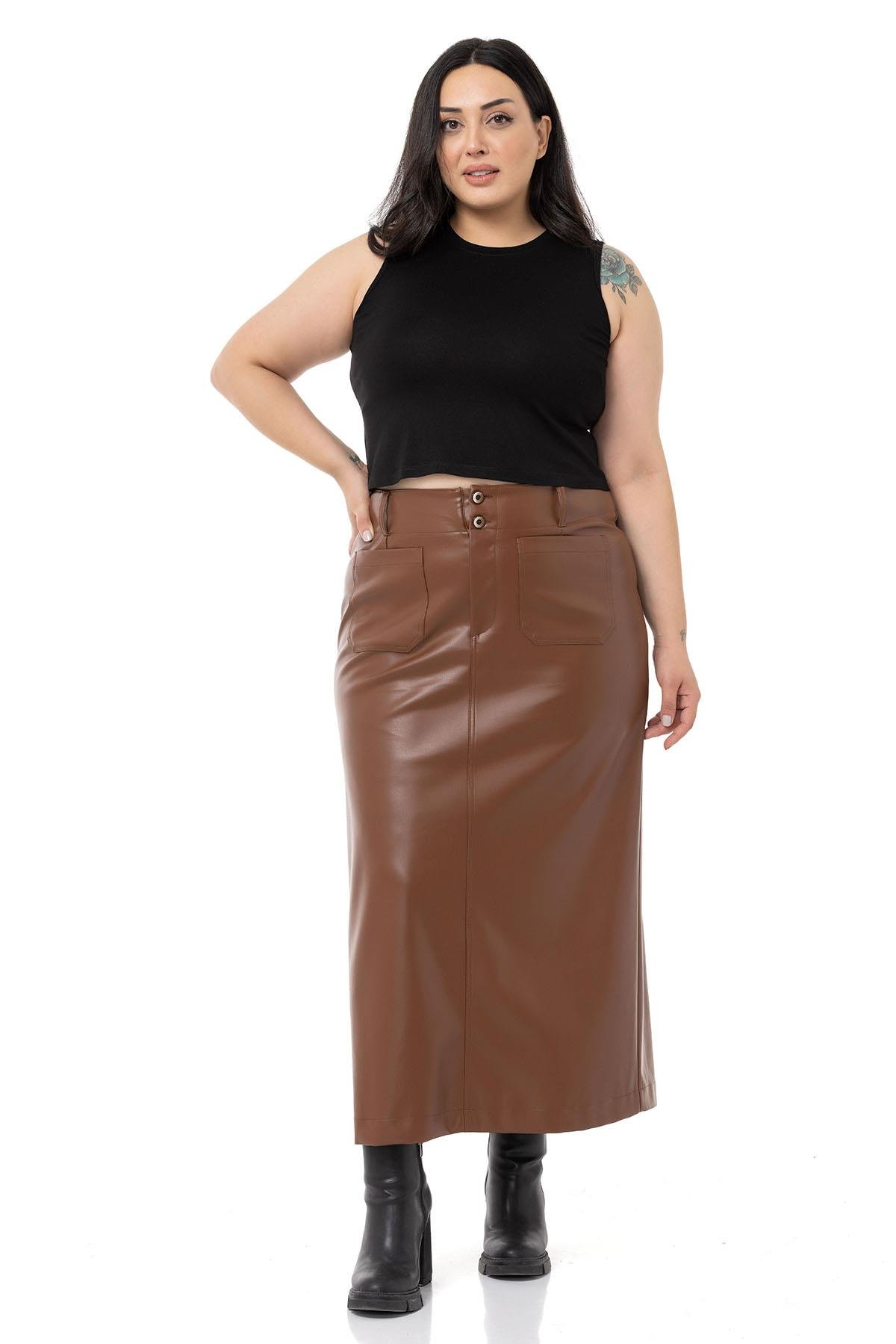 EtekDISENTISDISENTIS MODESTBüyük Beden Yırtmaç Detaylı Cepli Uzun Kahverengi Deri Etek