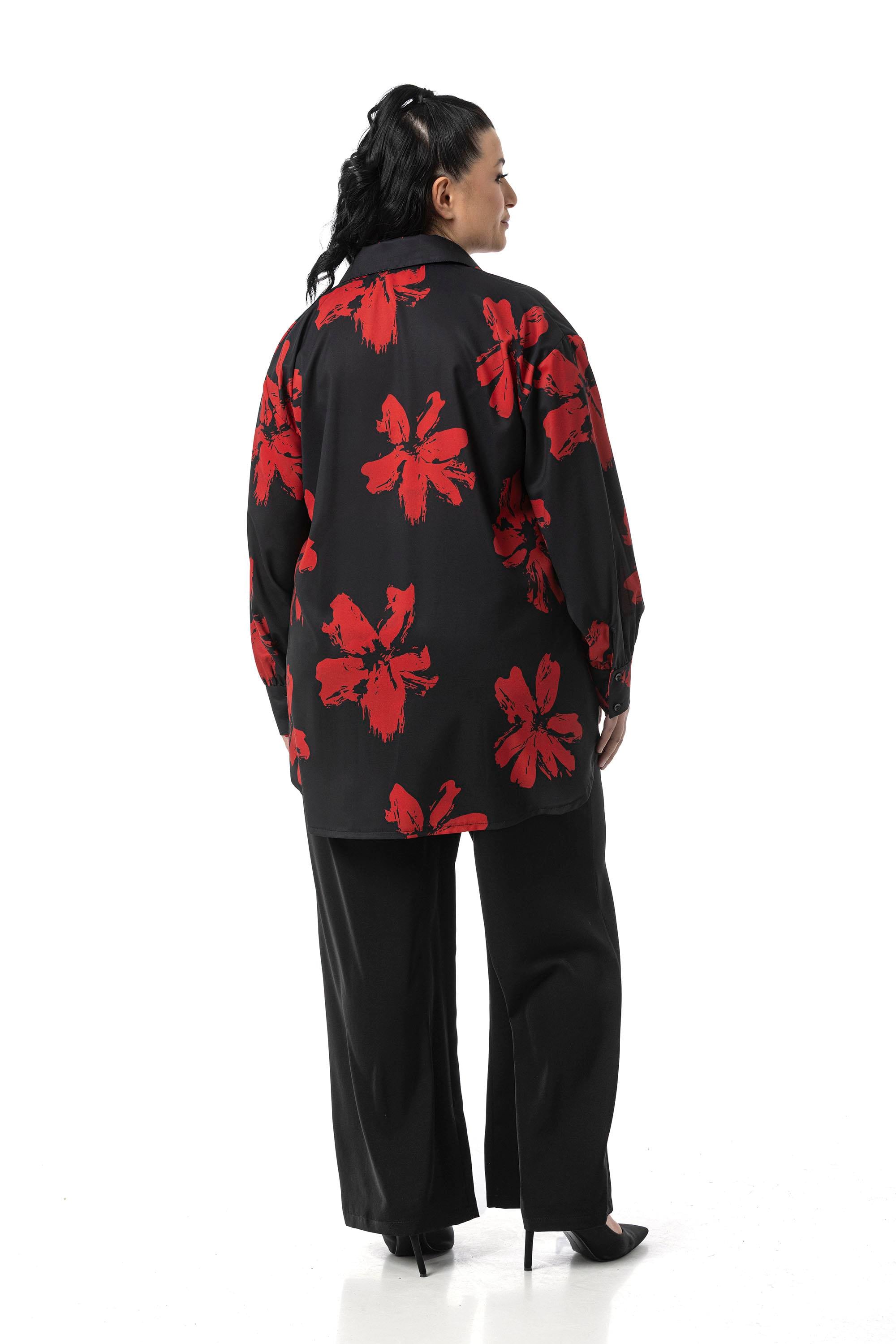 Shirt&Pants setsDisentis Modest Büyük Beden Çiçek Desenli Gömlek Pantolon Siyah Kırmızı İkili TakımDISENTIS MODESTBüyük Beden Çiçek Desenli Gömlek Pantolon Siyah Kırmızı İkili Takım