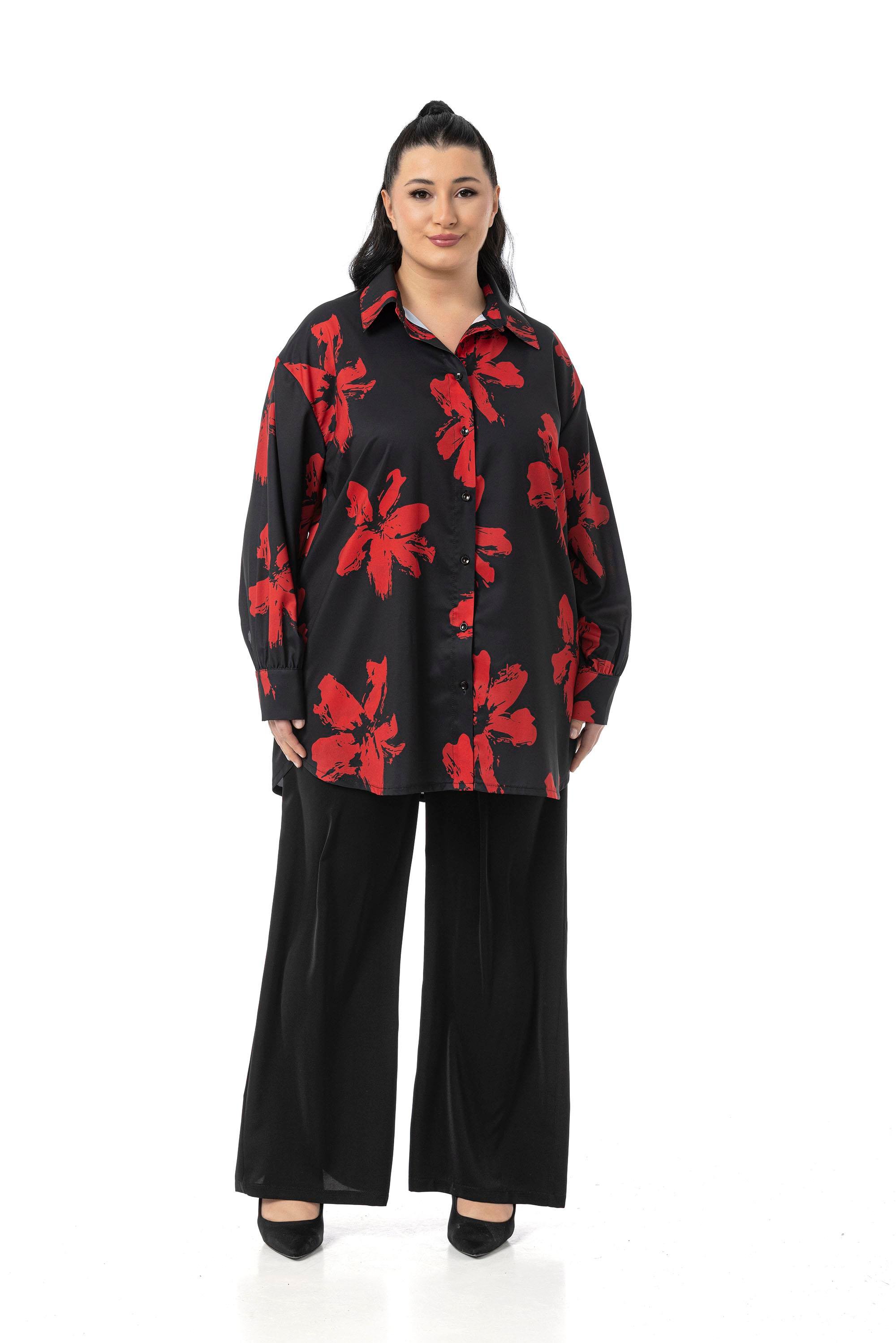 Shirt&Pants setsDisentis Modest Büyük Beden Çiçek Desenli Gömlek Pantolon Siyah Kırmızı İkili TakımDISENTIS MODESTBüyük Beden Çiçek Desenli Gömlek Pantolon Siyah Kırmızı İkili Takım