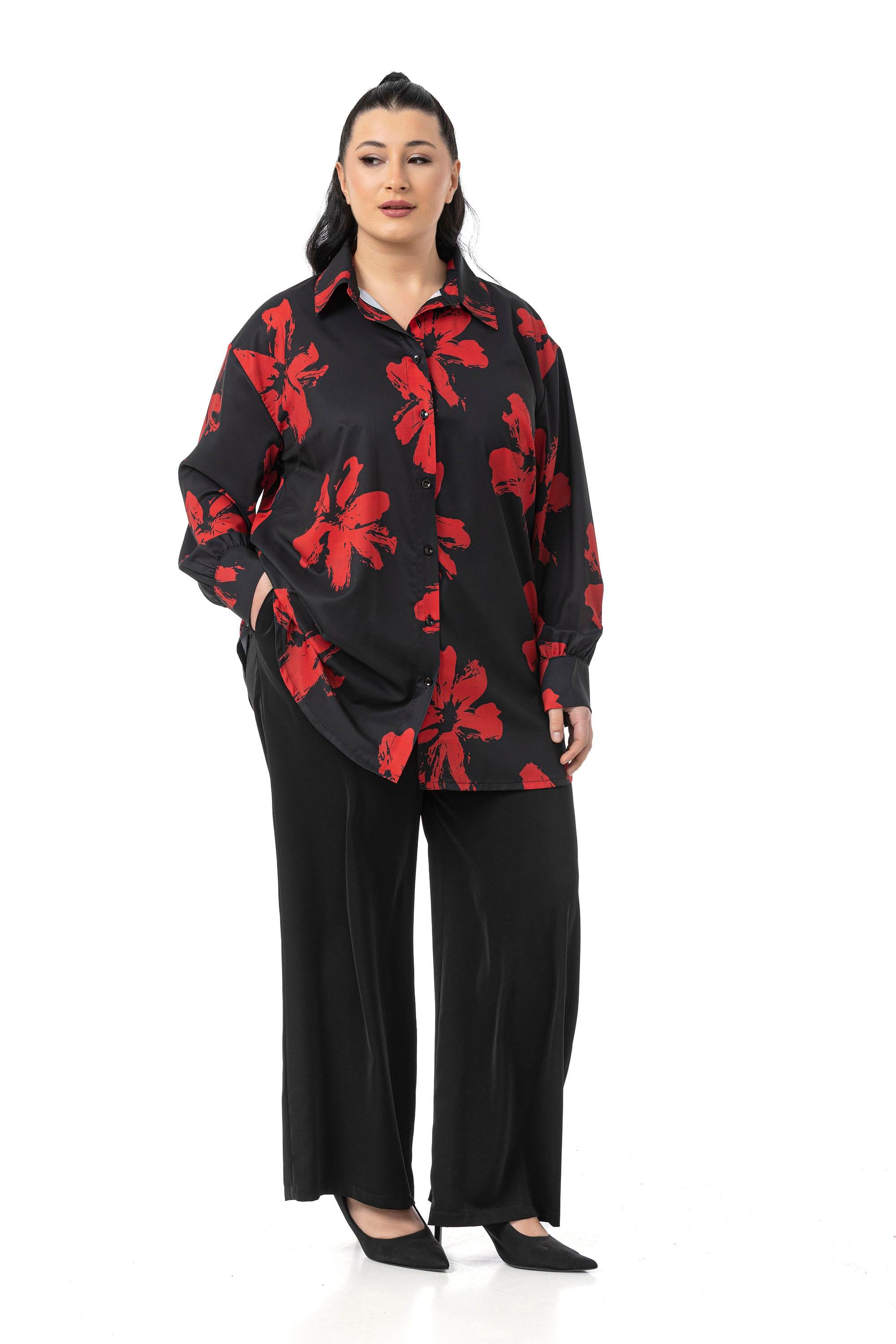 Shirt&Pants setsDisentis Modest Büyük Beden Çiçek Desenli Gömlek Pantolon Siyah Kırmızı İkili TakımDISENTIS MODESTBüyük Beden Çiçek Desenli Gömlek Pantolon Siyah Kırmızı İkili Takım