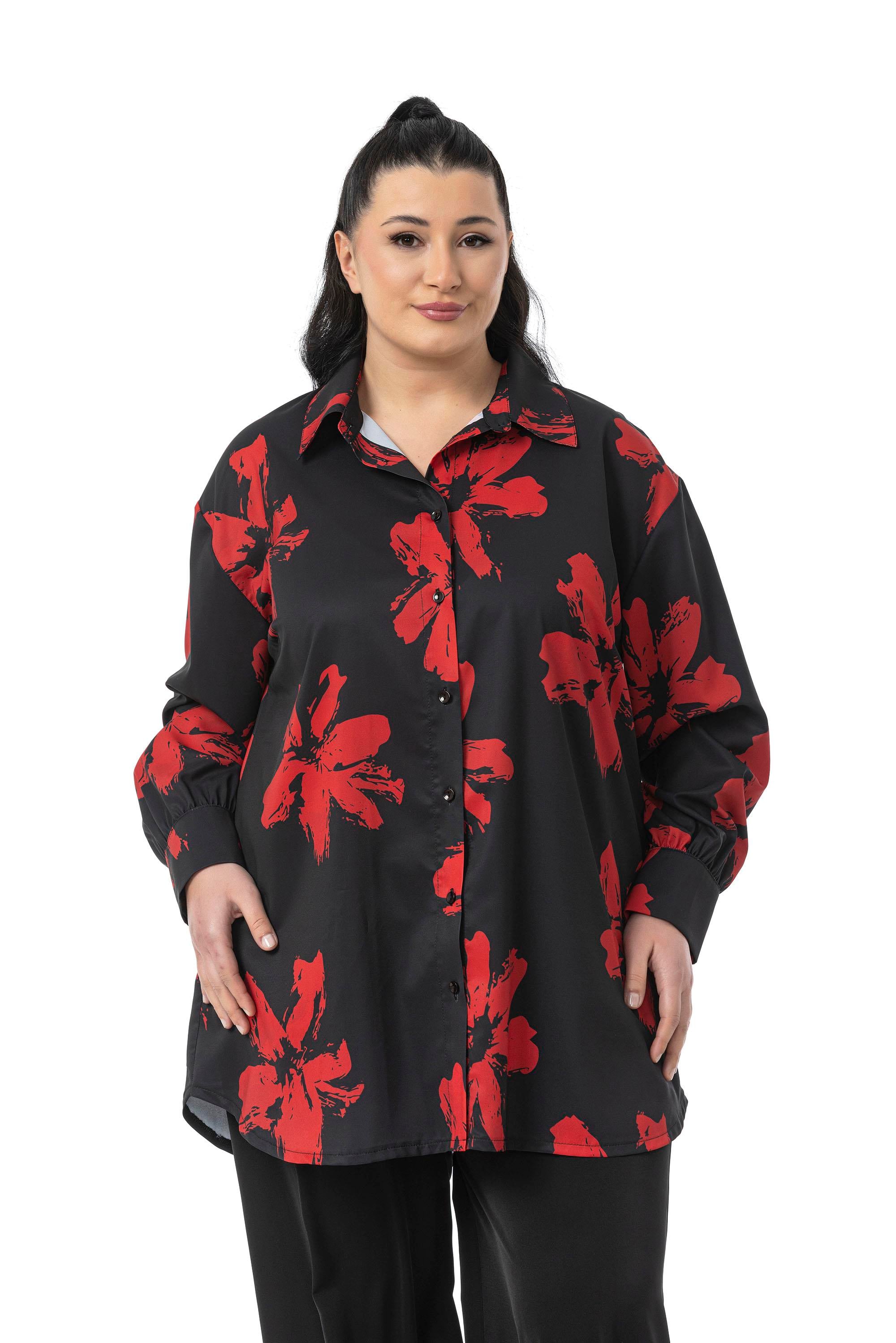 Shirt&Pants setsDisentis Modest Büyük Beden Çiçek Desenli Gömlek Pantolon Siyah Kırmızı İkili TakımDISENTIS MODESTBüyük Beden Çiçek Desenli Gömlek Pantolon Siyah Kırmızı İkili Takım