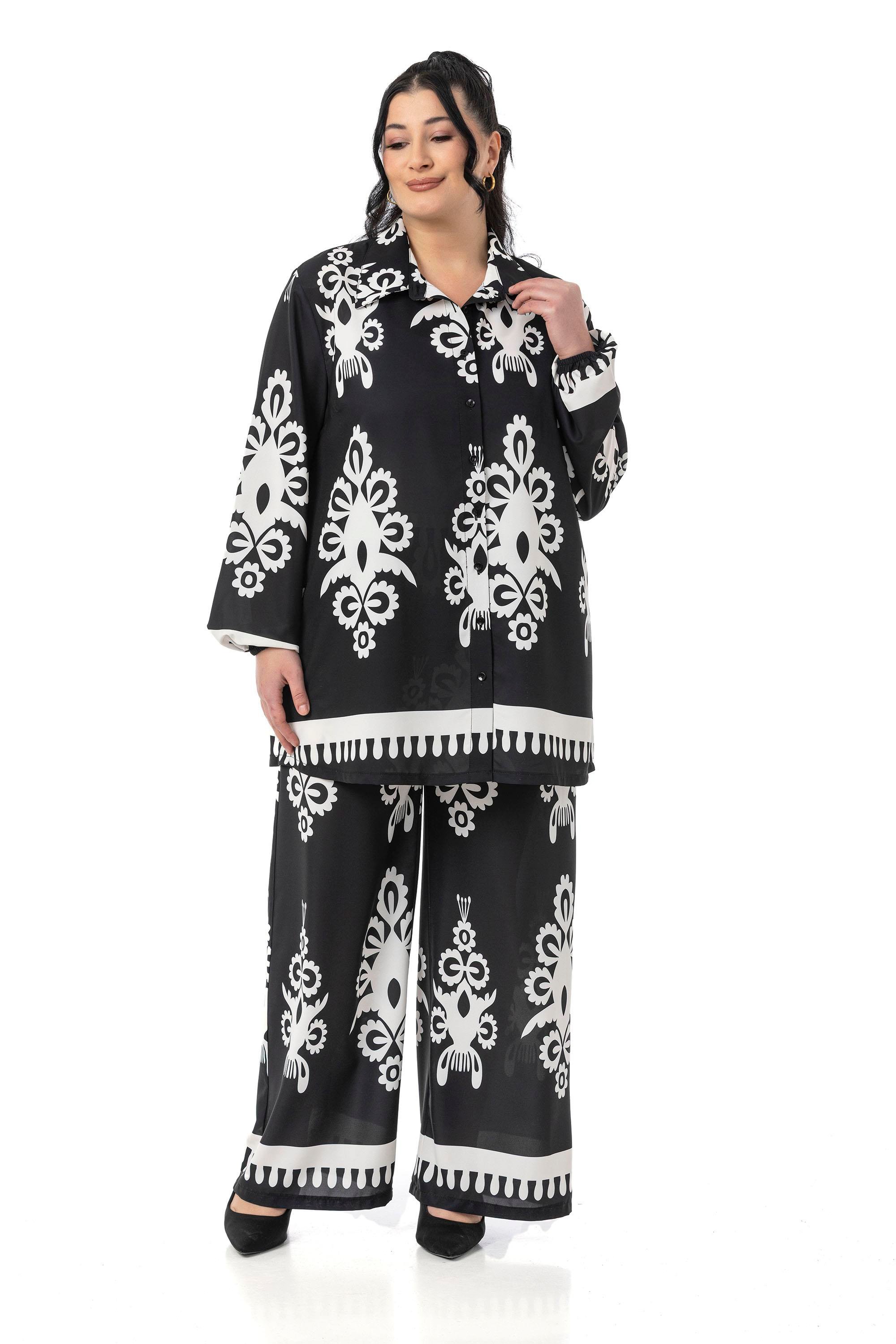 Shirt&Pants setsDisentis Modest Büyük Beden Desenli Gömlek Pantolon Siyah İkili TakımDISENTIS MODESTBüyük Beden Desenli Gömlek Pantolon Siyah İkili Takım