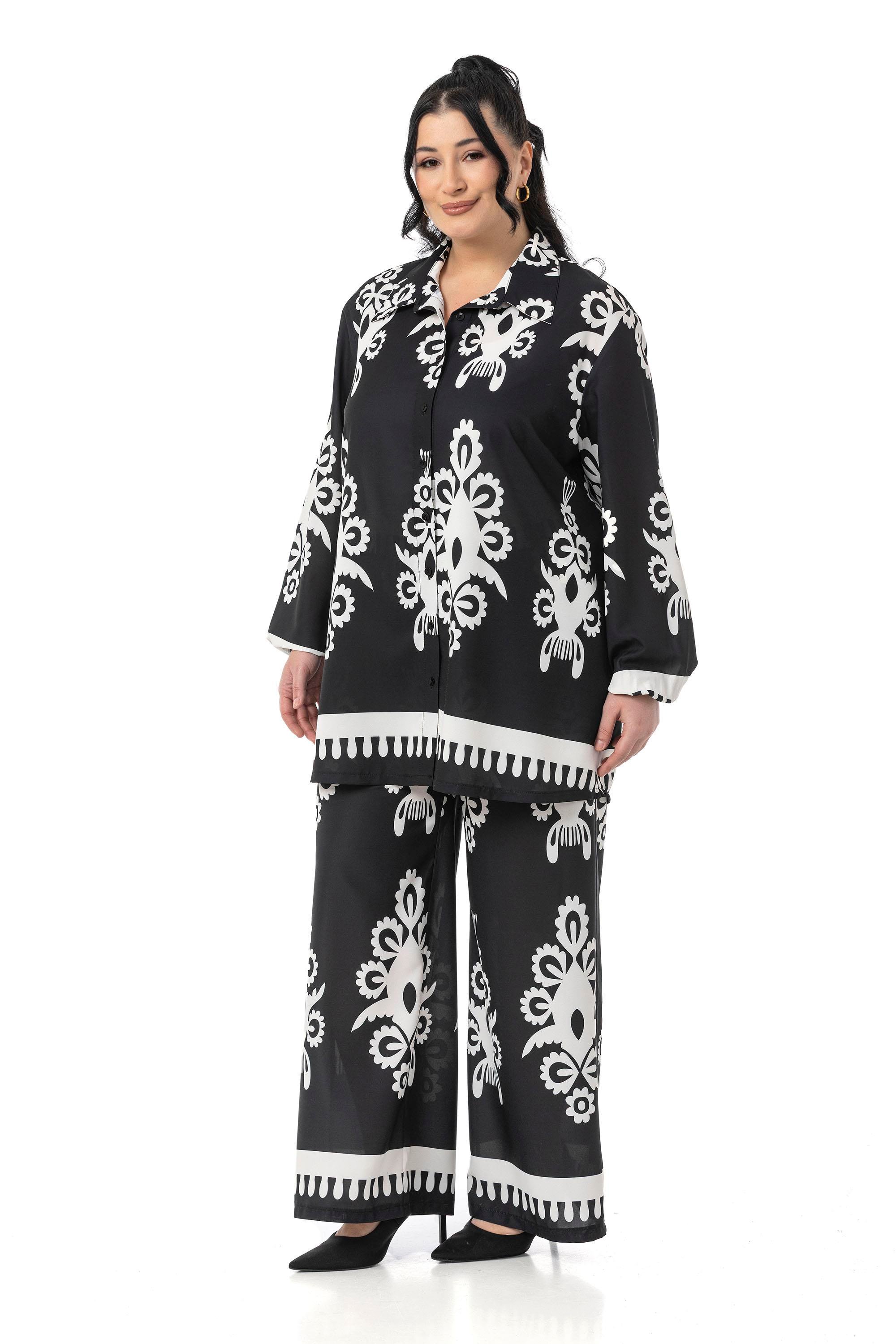 Shirt&Pants setsDisentis Modest Büyük Beden Desenli Gömlek Pantolon Siyah İkili TakımDISENTIS MODESTBüyük Beden Desenli Gömlek Pantolon Siyah İkili Takım