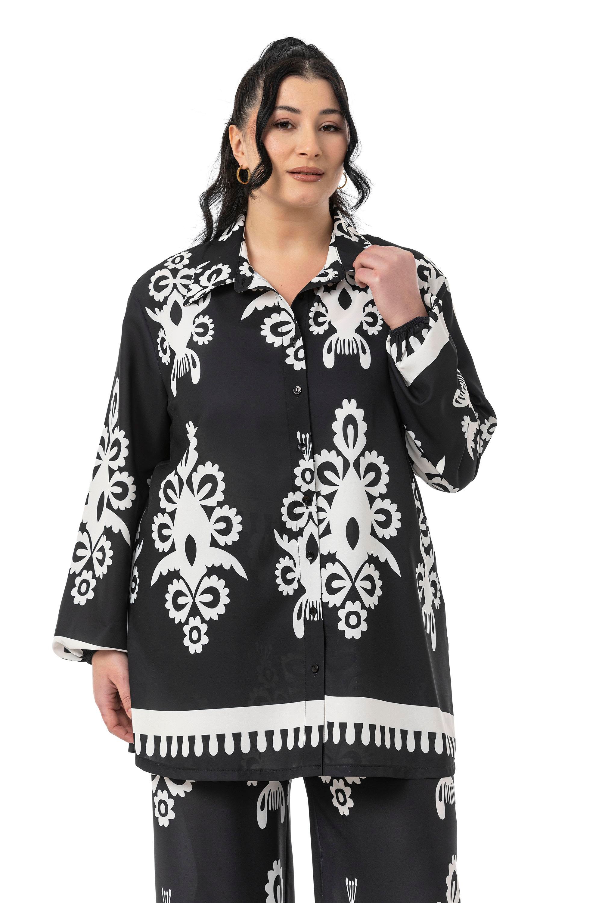 Shirt&Pants setsDisentis Modest Büyük Beden Desenli Gömlek Pantolon Siyah İkili TakımDISENTIS MODESTBüyük Beden Desenli Gömlek Pantolon Siyah İkili Takım