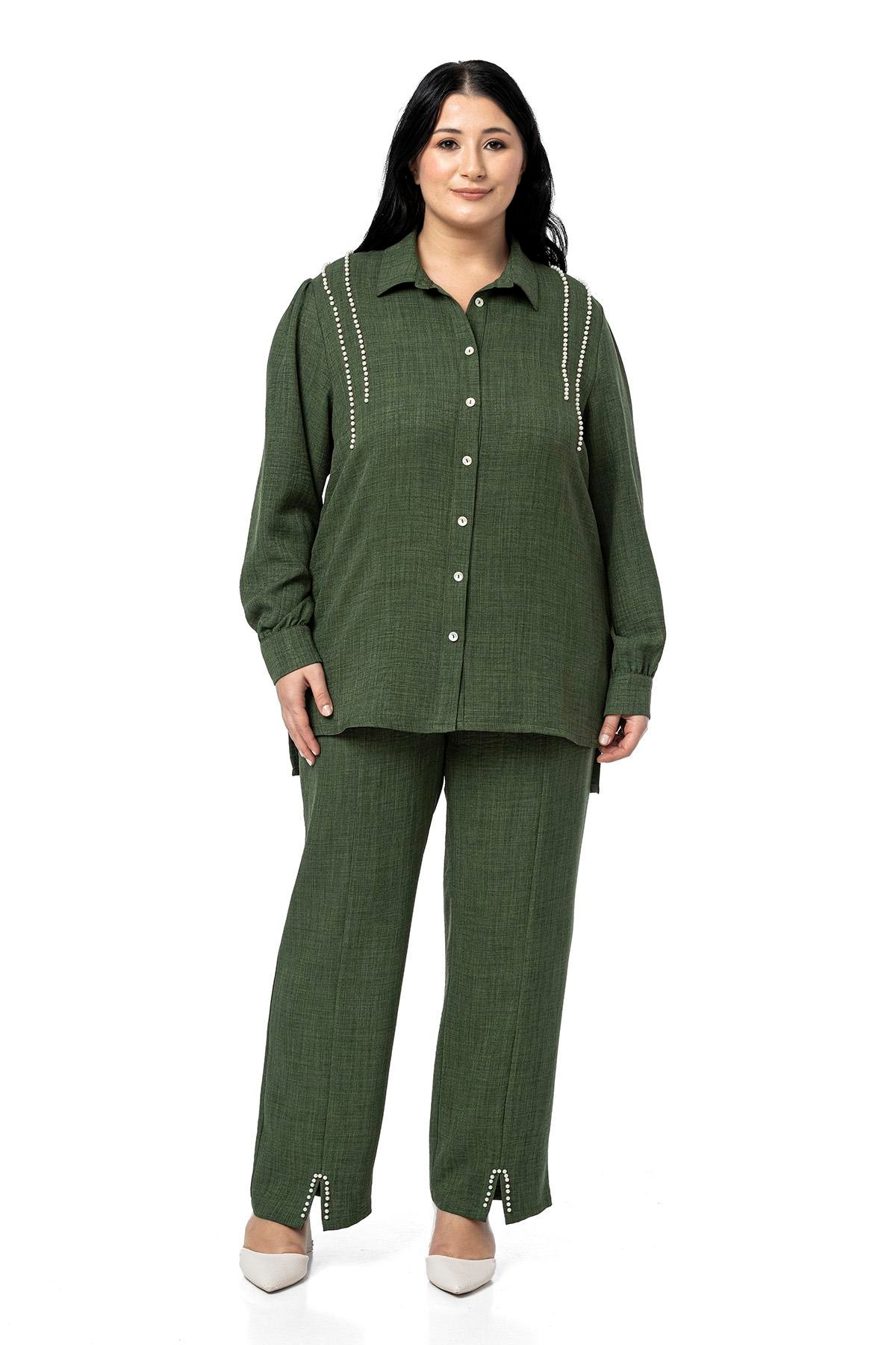 Shirt&Pants setsDisentis Modest Büyük Beden İnci Detaylı Gömlek Pantolon Haki İkili TakımDISENTIS MODESTBüyük Beden İnci Detaylı Gömlek Pantolon Haki İkili Takım