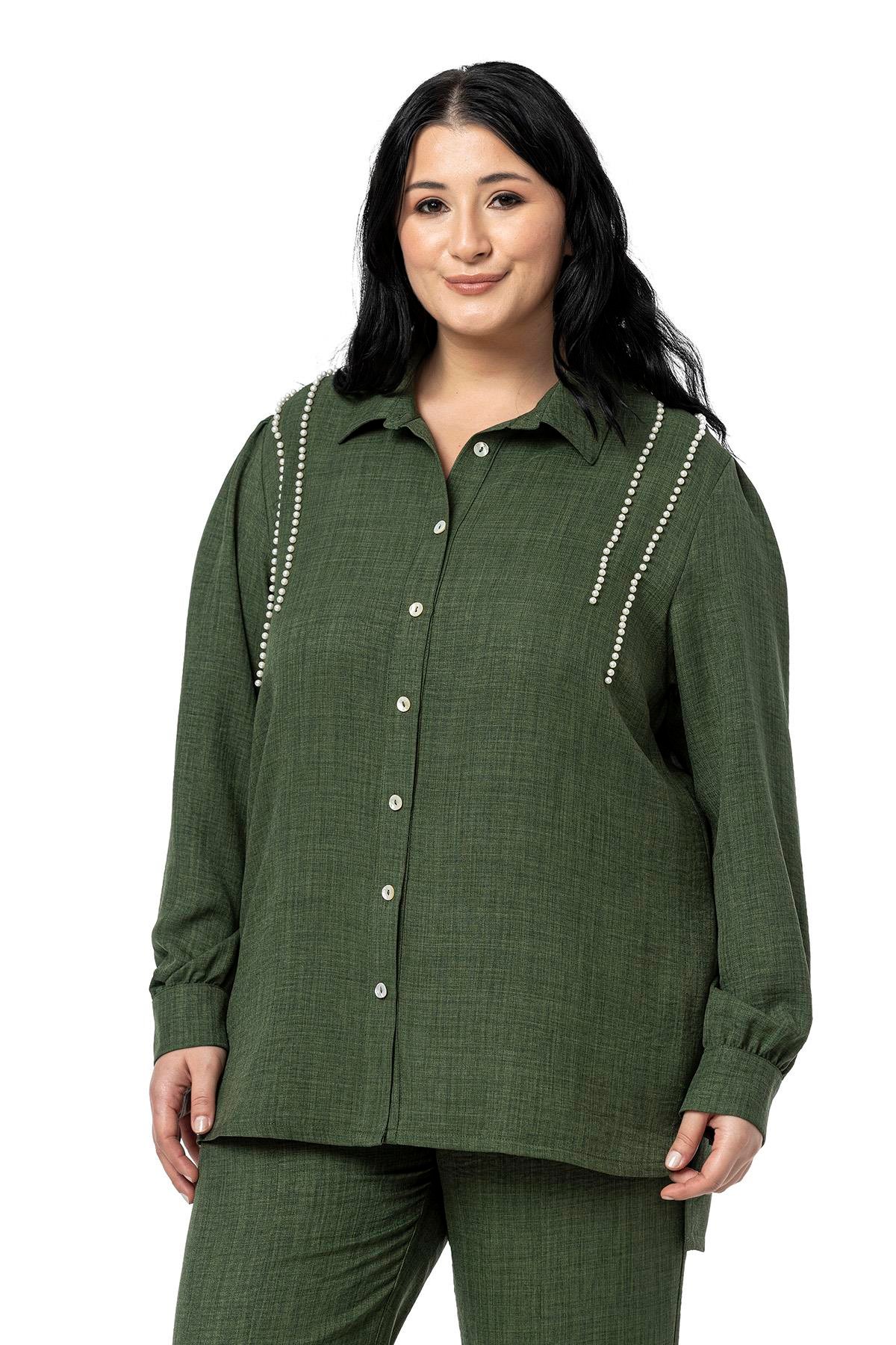 Shirt&Pants setsDisentis Modest Büyük Beden İnci Detaylı Gömlek Pantolon Haki İkili TakımDISENTIS MODESTBüyük Beden İnci Detaylı Gömlek Pantolon Haki İkili Takım