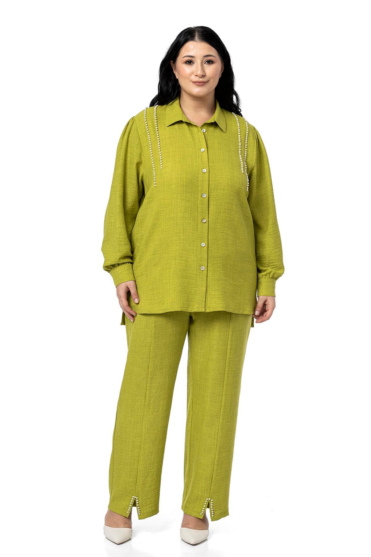 Shirt&Pants setsDisentis Modest Büyük Beden İnci Detaylı Gömlek Pantolon Fıstık Yeşili İkili TakımDISENTIS MODESTBüyük Beden İnci Detaylı Gömlek Pantolon Fıstık Yeşili İkili Takım