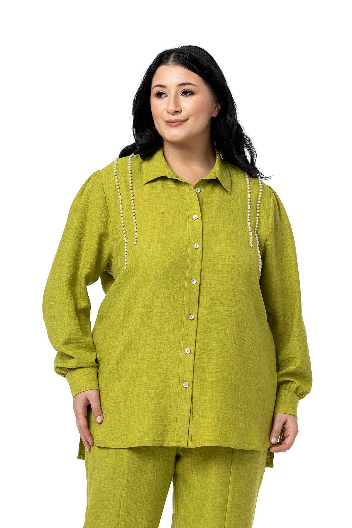 Shirt&Pants setsDisentis Modest Büyük Beden İnci Detaylı Gömlek Pantolon Fıstık Yeşili İkili TakımDISENTIS MODESTBüyük Beden İnci Detaylı Gömlek Pantolon Fıstık Yeşili İkili Takım
