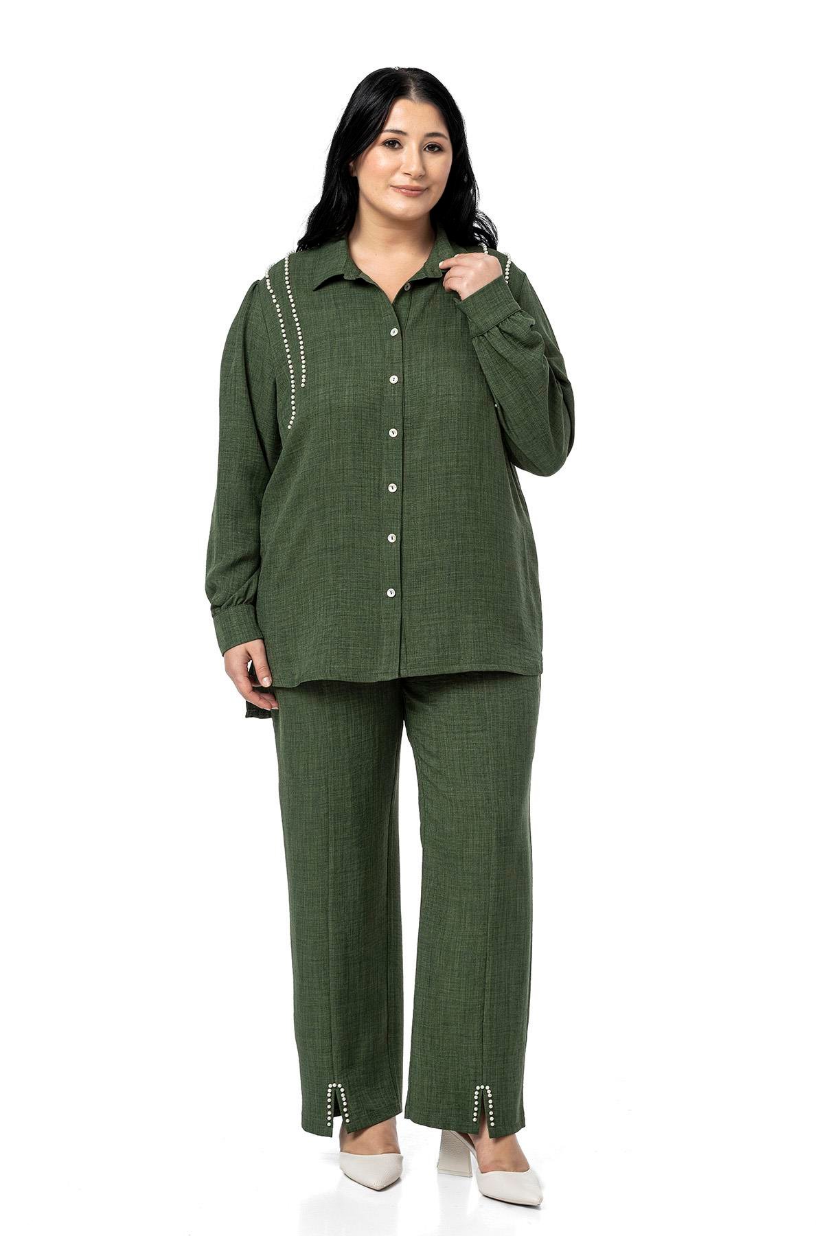 Shirt&Pants setsDisentis Modest Büyük Beden İnci Detaylı Gömlek Pantolon Haki İkili TakımDISENTIS MODESTBüyük Beden İnci Detaylı Gömlek Pantolon Haki İkili Takım