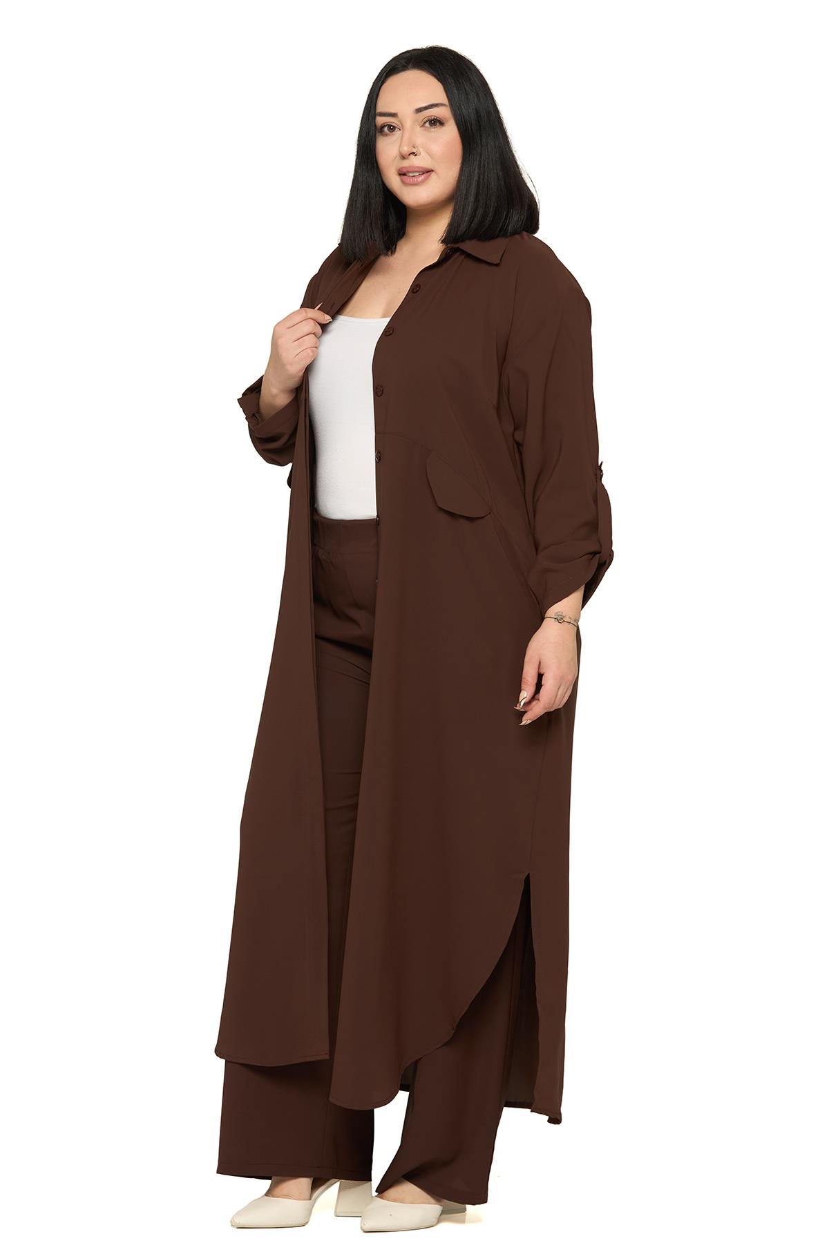 Gömlek | Pantolon TakımlarDisentis Modest Büyük Beden Uzun Gömlek Pantolon Kahverengi İkili TakımDISENTIS MODESTBüyük Beden Uzun Gömlek Pantolon Kahverengi İkili Takım