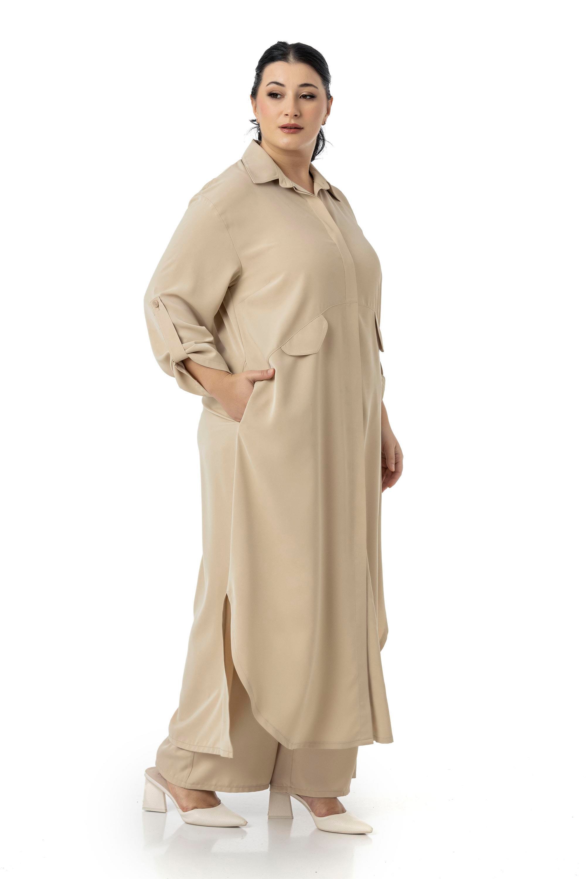 Gömlek | Pantolon TakımlarDisentis Modest Büyük Beden Uzun Gömlek Pantolon Bej Rengi İkili TakımDISENTIS MODESTBüyük Beden Uzun Gömlek Pantolon Bej Rengi İkili Takım