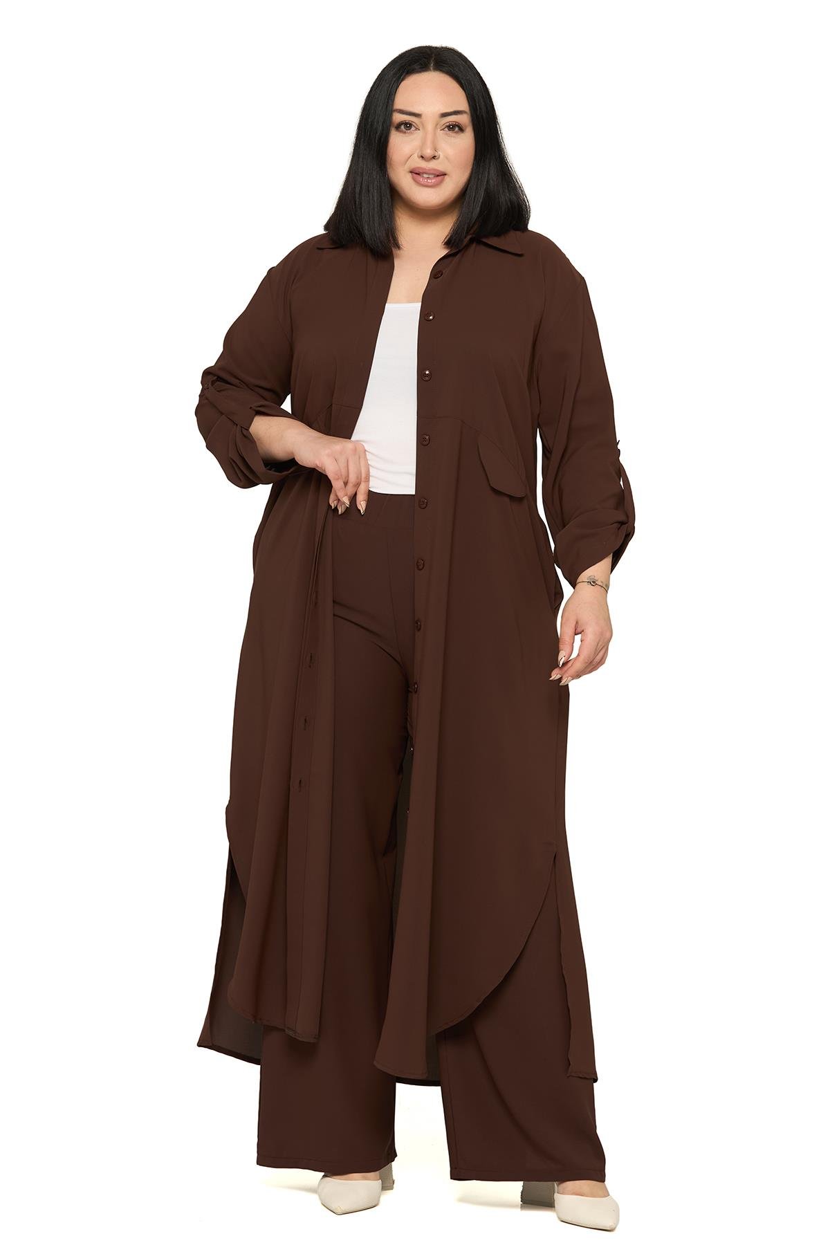 Gömlek | Pantolon TakımlarDisentis Modest Büyük Beden Uzun Gömlek Pantolon Kahverengi İkili TakımDISENTIS MODESTBüyük Beden Uzun Gömlek Pantolon Kahverengi İkili Takım