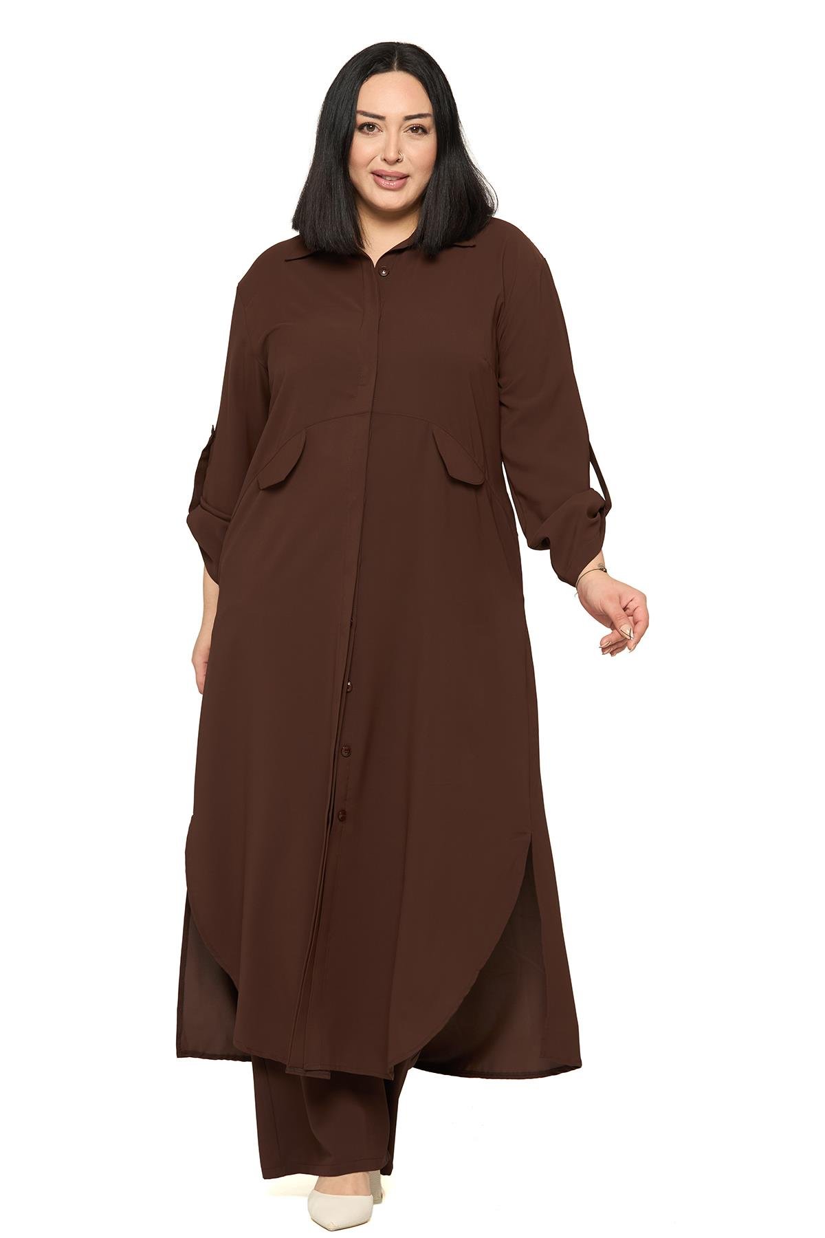 Gömlek | Pantolon TakımlarDisentis Modest Büyük Beden Uzun Gömlek Pantolon Kahverengi İkili TakımDISENTIS MODESTBüyük Beden Uzun Gömlek Pantolon Kahverengi İkili Takım