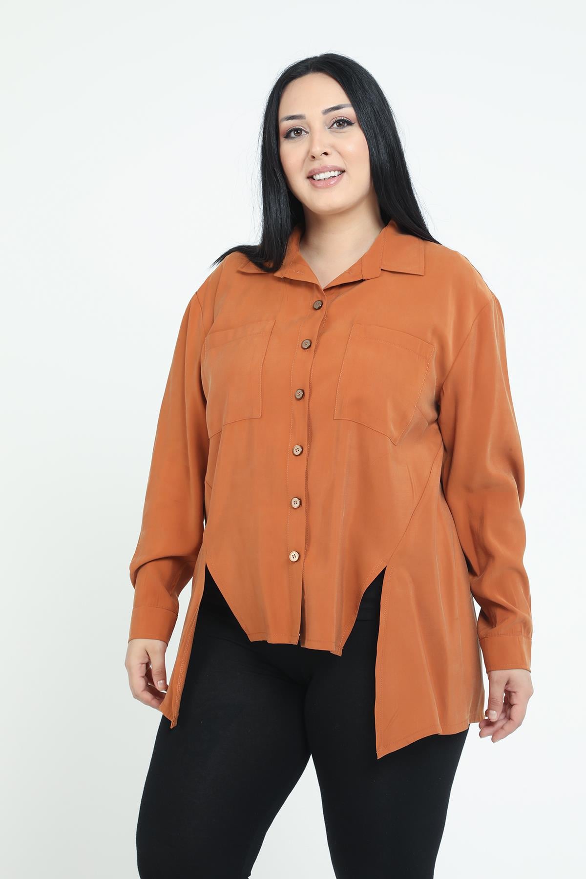 ShirtsDisentis Modest Asimetrik Kesim Uzun Kollu Önü Yırtmaçlı Taba GömlekDISENTIS MODESTBüyük Beden Asimetrik Kesim Uzun Kollu Önü Yırtmaçlı Taba Gömlek