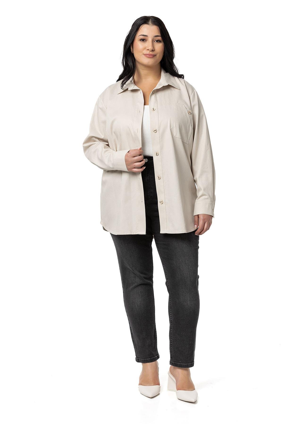 ShirtsDisentis Modest Büyük Beden Cep Detaylı  Gabardin Bej Rengi Ceket GömlekDISENTIS MODESTBüyük Beden Cep Detaylı  Gabardin Bej Rengi Ceket Gömlek