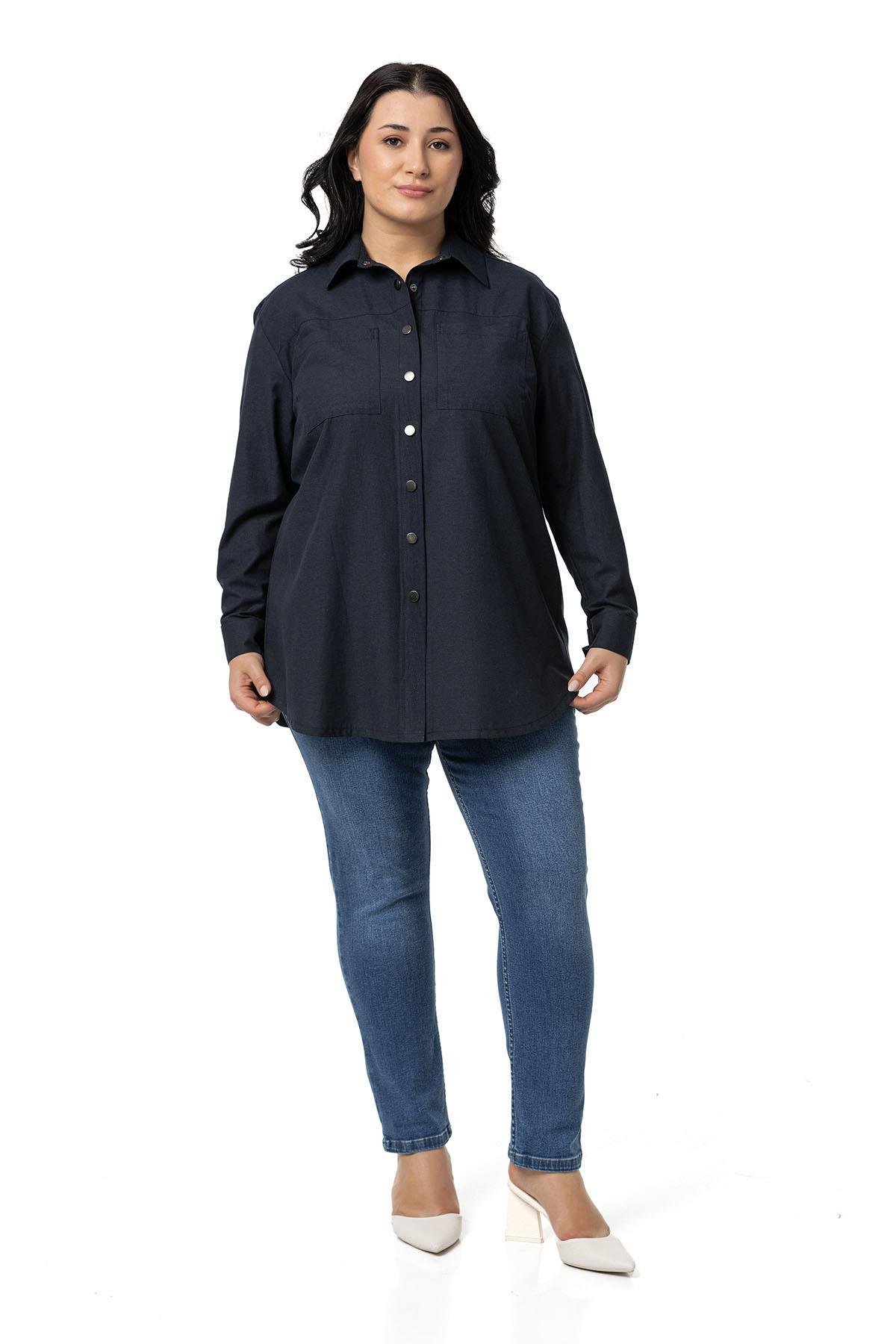 ShirtsDisentis Modest Büyük Beden Çıtçıt Kapamalı Plikaşeli Manşetli Cepli Lacivert GömlekDISENTIS MODESTBüyük Beden Çıtçıt Kapamalı Plikaşeli Manşetli Cepli Lacivert Gömlek
