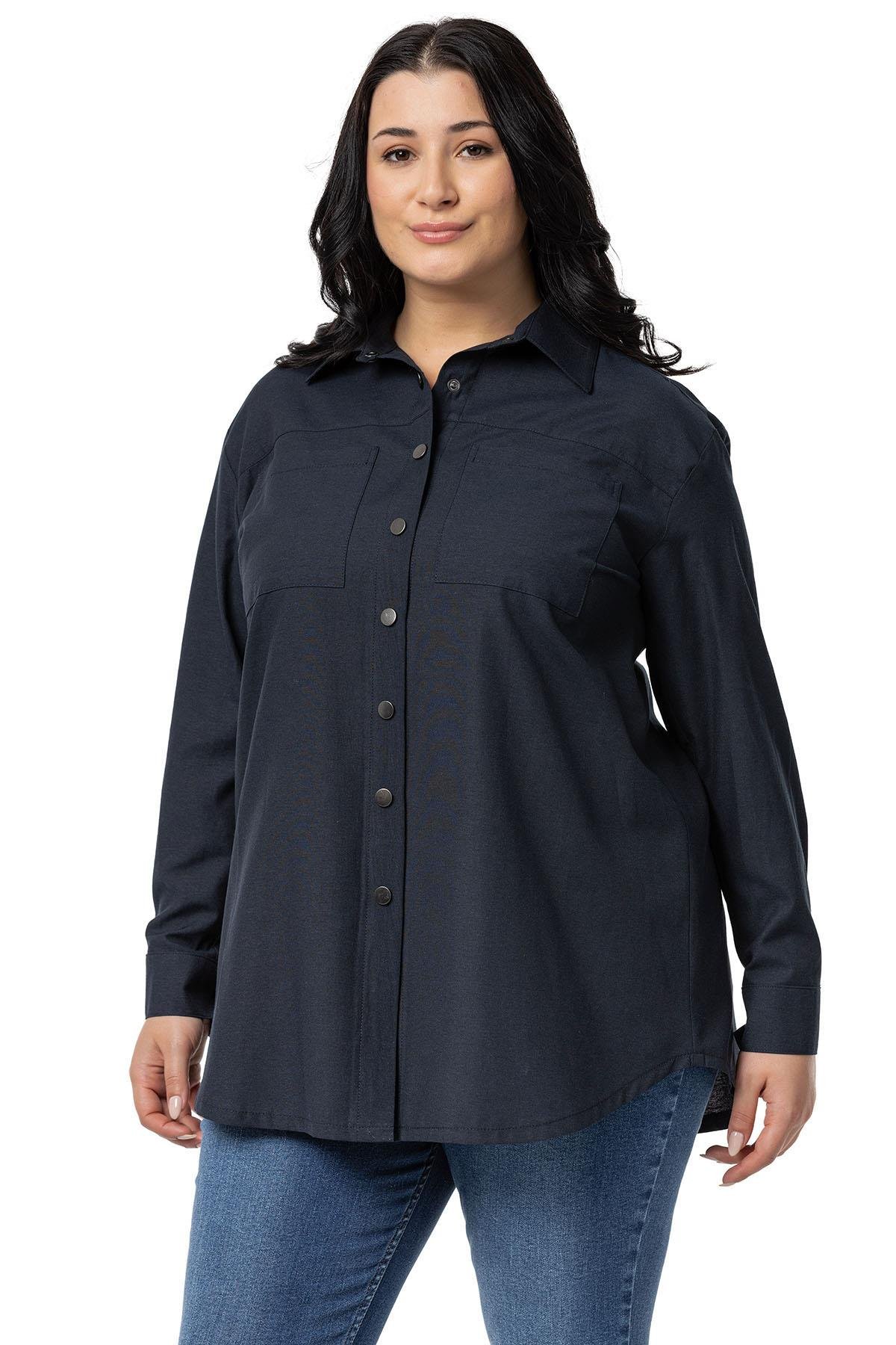 ShirtsDisentis Modest Büyük Beden Çıtçıt Kapamalı Plikaşeli Manşetli Cepli Lacivert GömlekDISENTIS MODESTBüyük Beden Çıtçıt Kapamalı Plikaşeli Manşetli Cepli Lacivert Gömlek