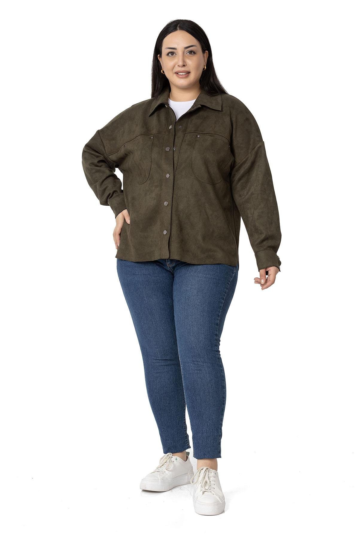 GömlekDISENTISDISENTIS MODESTBüyük Beden Çıtçıt Kapamalı Torba Cepli Süet Haki Gömlek