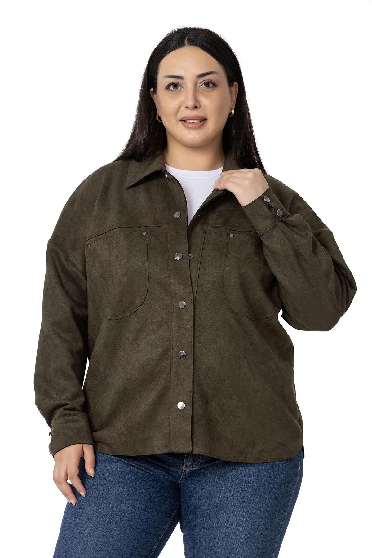 GömlekDISENTISDISENTIS MODESTBüyük Beden Çıtçıt Kapamalı Torba Cepli Süet Haki Gömlek