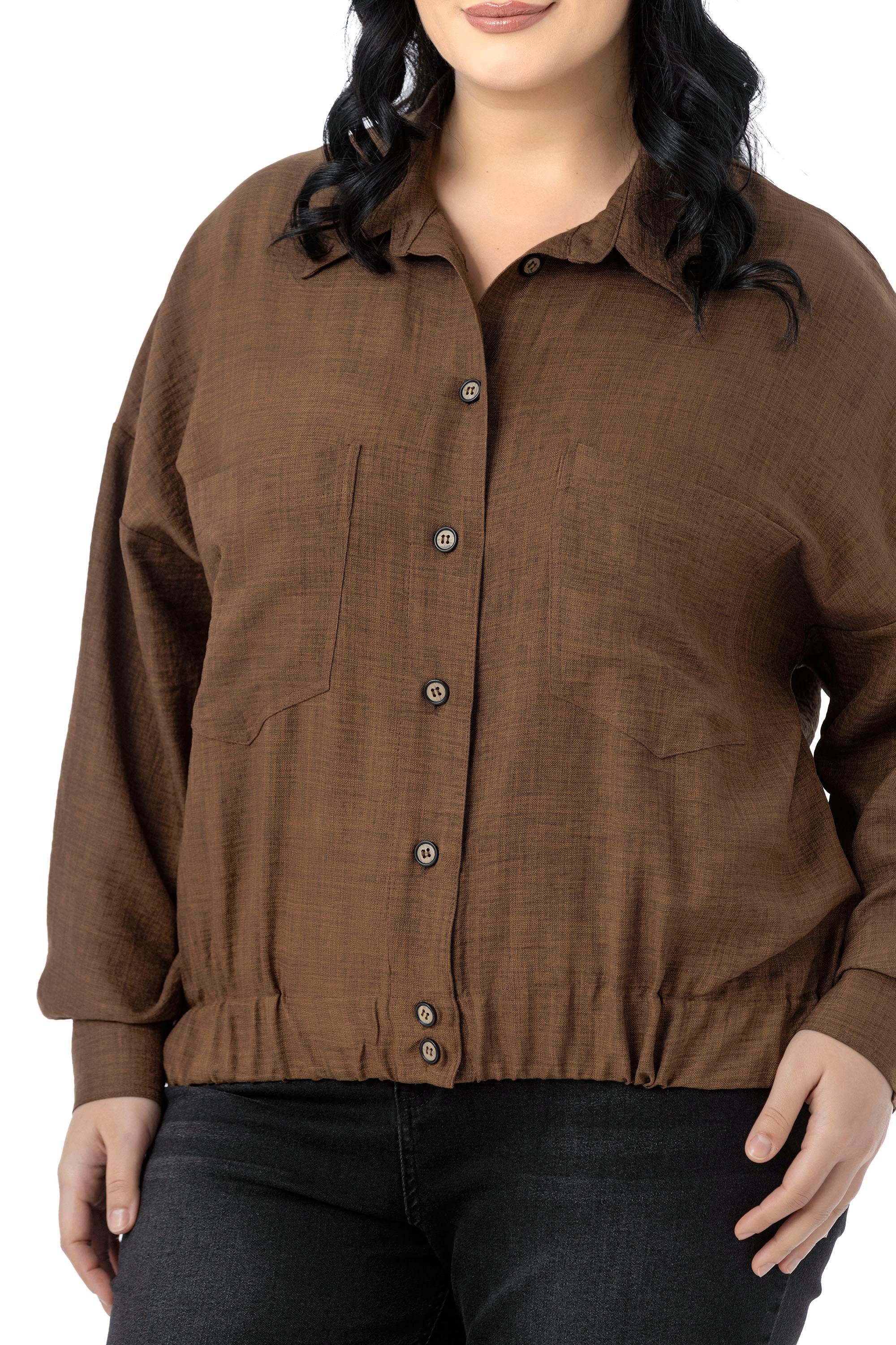 ShirtsDisentis Modest Büyük Beden Düşük Kollu Eteği Lastikli Torba Cepli Kahverengi GömlekDISENTIS MODESTBüyük Beden Düşük Kollu Eteği Lastikli Torba Cepli Kahverengi Gömlek