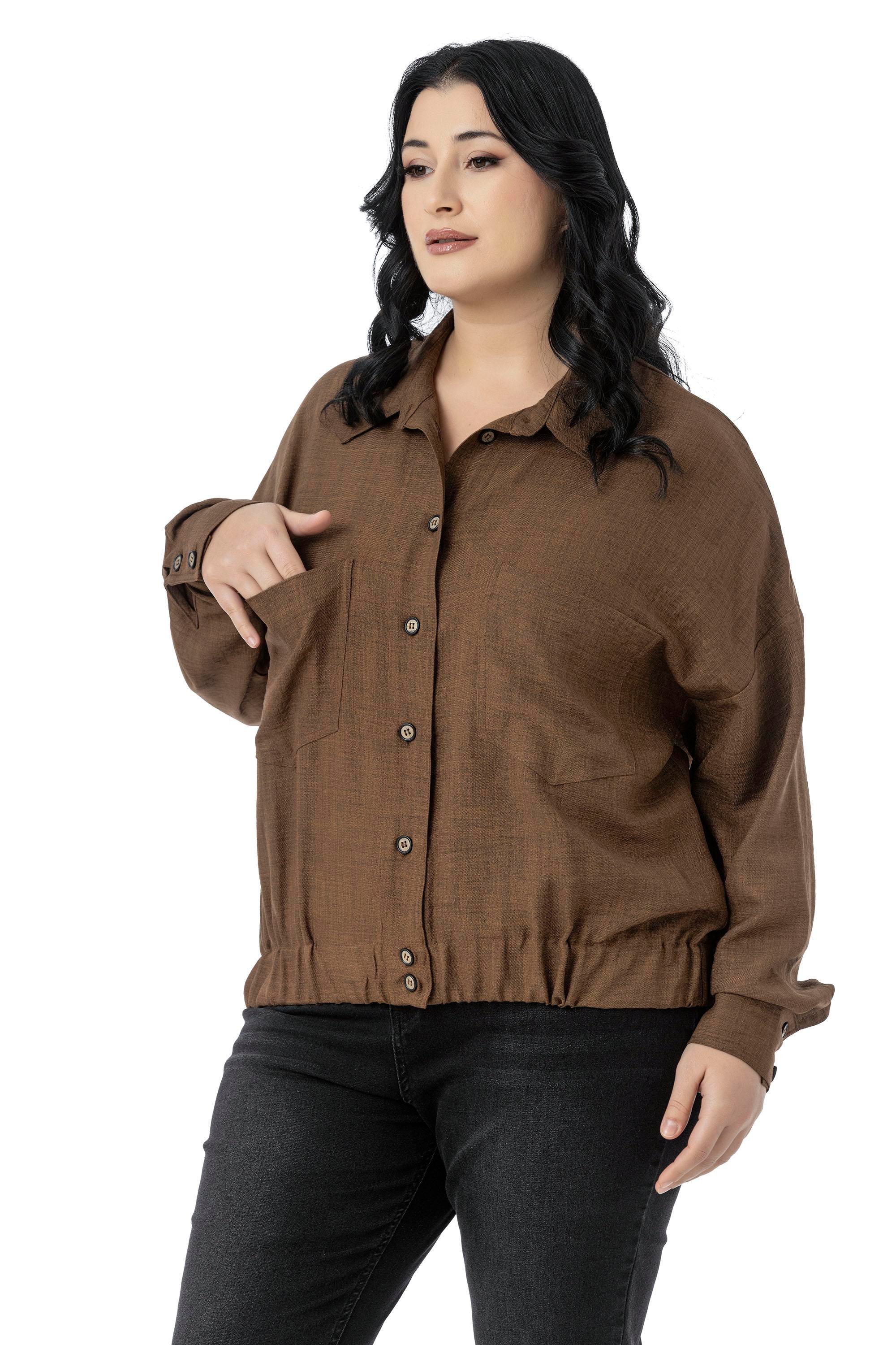 ShirtsDisentis Modest Büyük Beden Düşük Kollu Eteği Lastikli Torba Cepli Kahverengi GömlekDISENTIS MODESTBüyük Beden Düşük Kollu Eteği Lastikli Torba Cepli Kahverengi Gömlek