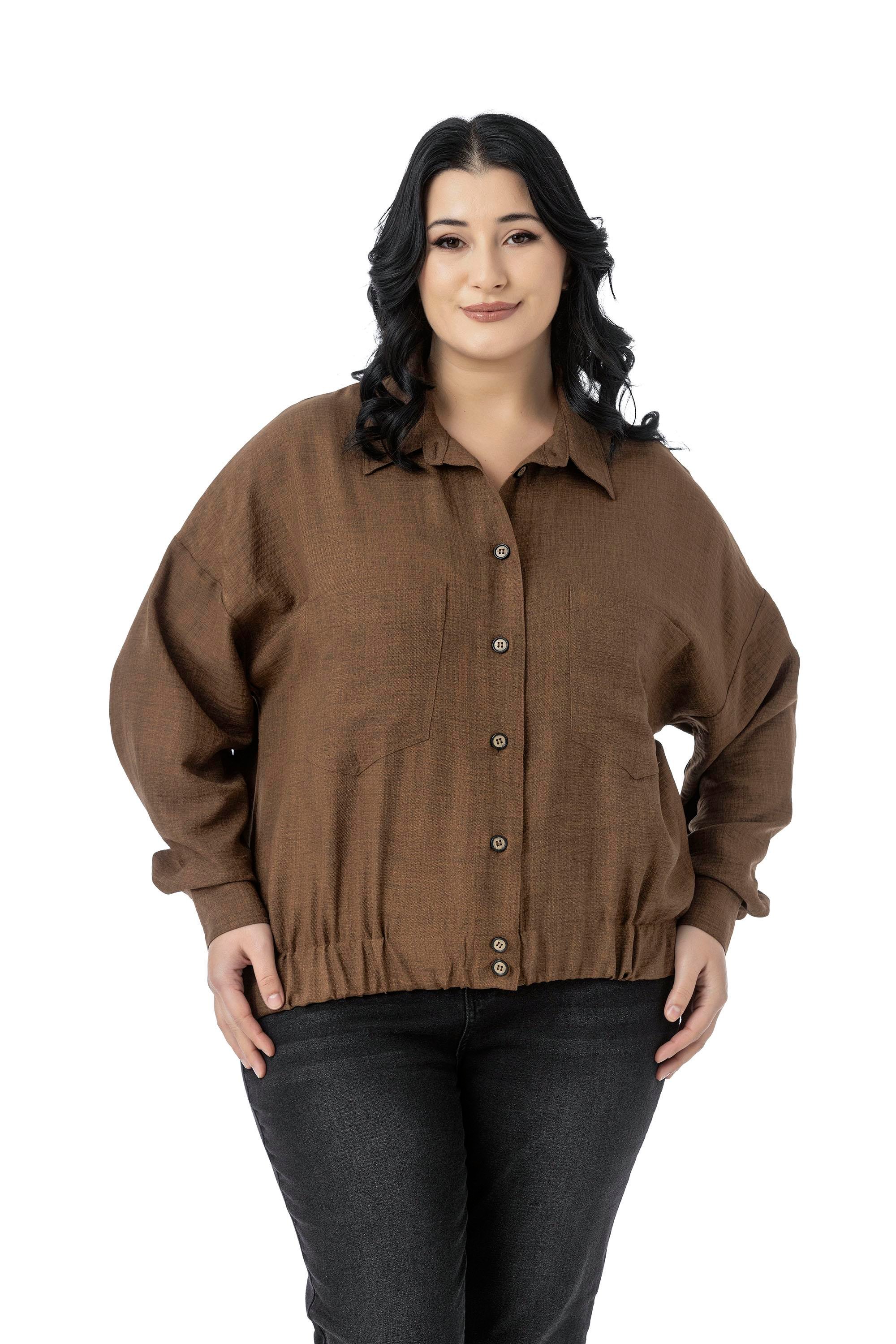 ShirtsDisentis Modest Büyük Beden Düşük Kollu Eteği Lastikli Torba Cepli Kahverengi GömlekDISENTIS MODESTBüyük Beden Düşük Kollu Eteği Lastikli Torba Cepli Kahverengi Gömlek