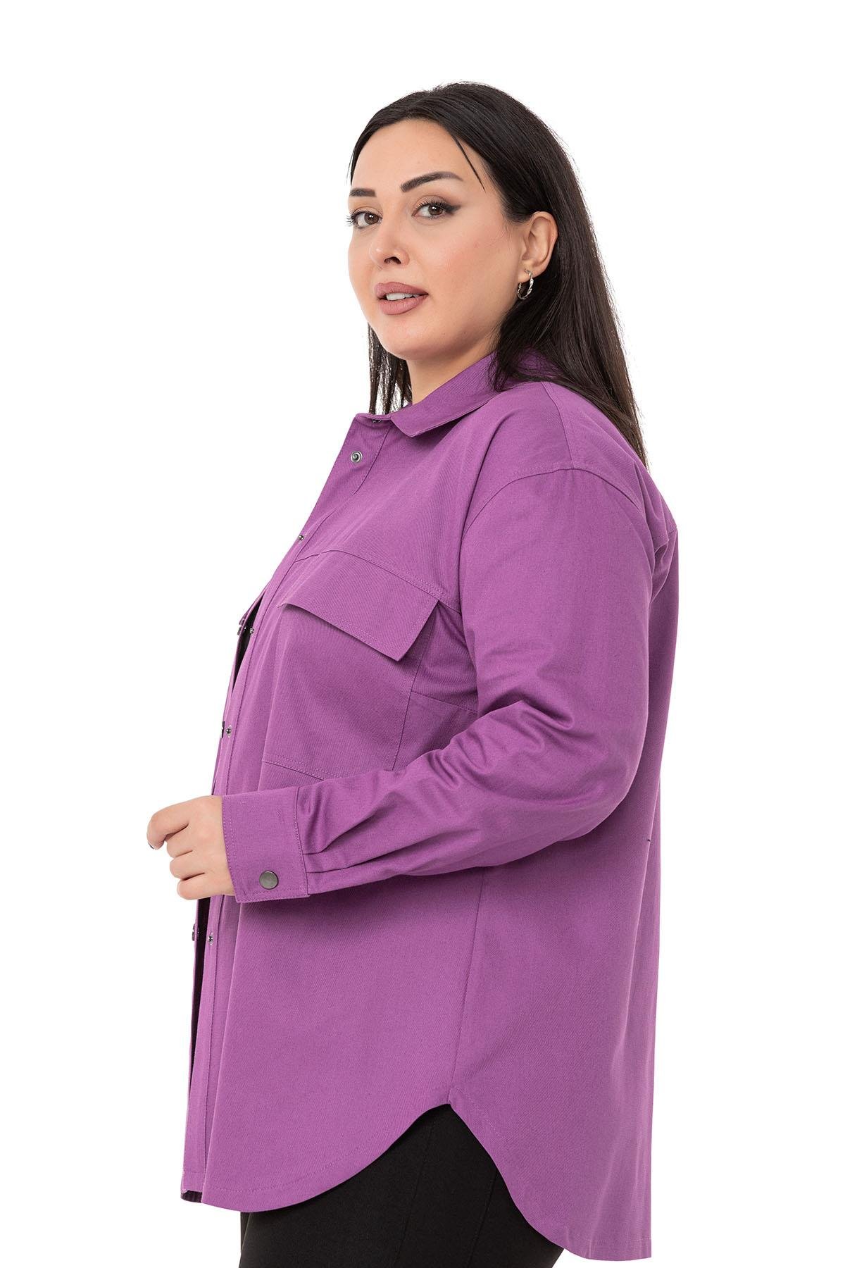 GömlekDISENTIS MODEST GENC BUYUK BEDEN GABARDIN GOMLEKDISENTIS MODESTBüyük Beden Kapaklı Cepli Çıtçıtlı Gabardin Mor Ceket Gömlek