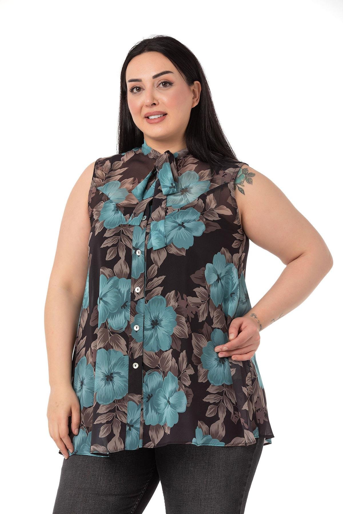 ShirtsDISENTIS GENC BUYUK BEDEN BIGSIZE SIFON GOMLEK KOLSUZ GOMLEKDISENTIS MODESTBüyük Beden Kendinden Fularlı Kolsuz Çiçek Desenli Şifon Mint Yeşili Gömlek