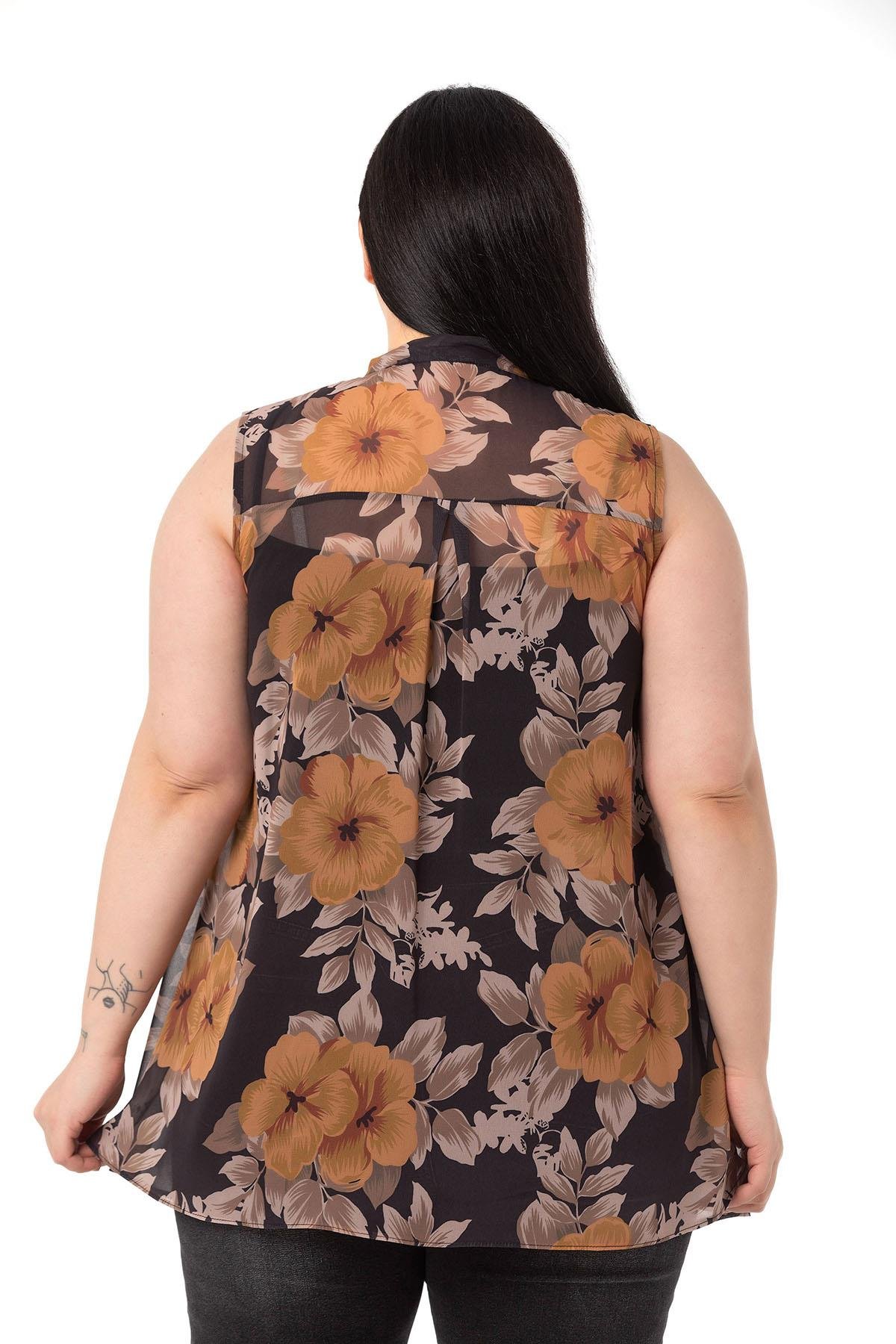 ShirtsDISENTIS GENC BUYUK BEDEN BIGSIZE SIFON GOMLEK KOLSUZ GOMLEKDISENTIS MODESTBüyük Beden Kendinden Fularlı Kolsuz Çiçek Desenli Şifon Hardal Gömlek