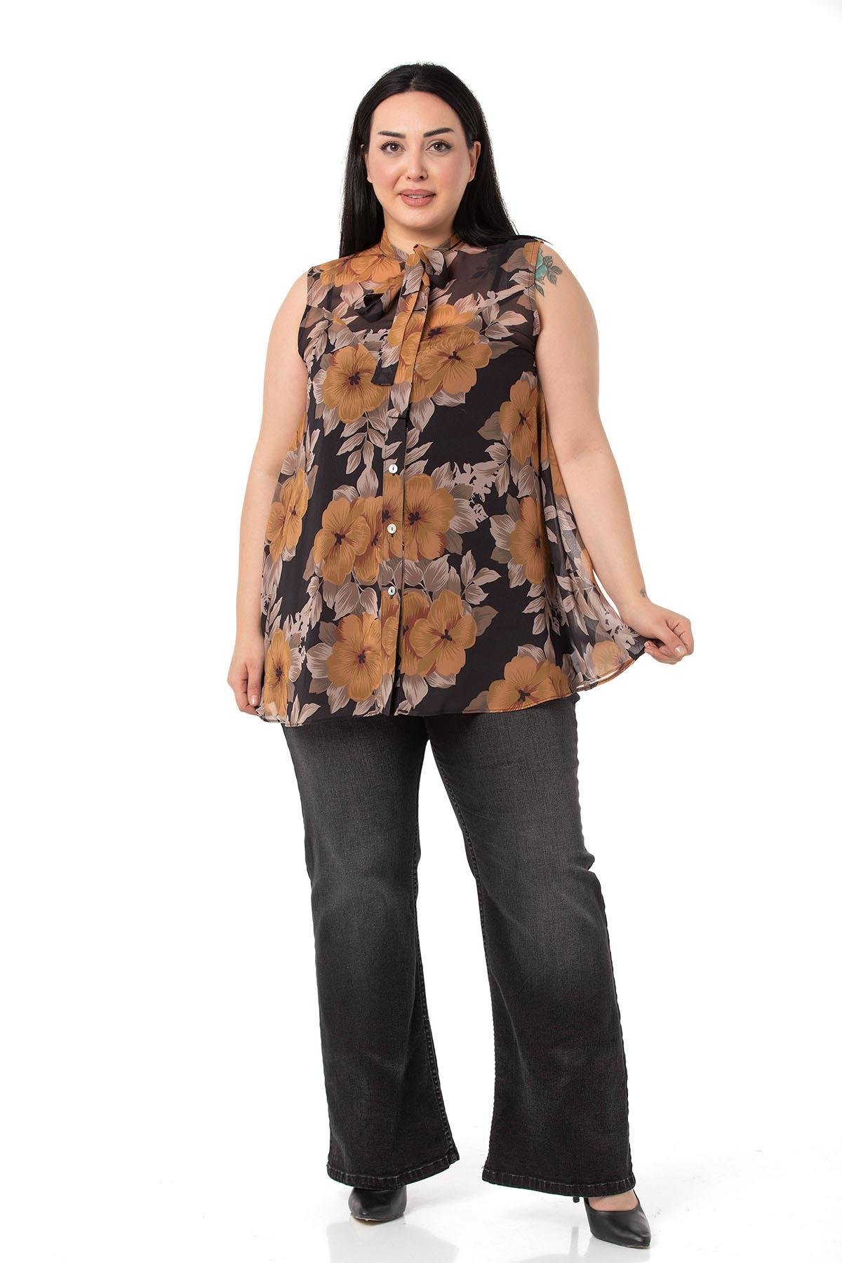 ShirtsDISENTIS GENC BUYUK BEDEN BIGSIZE SIFON GOMLEK KOLSUZ GOMLEKDISENTIS MODESTBüyük Beden Kendinden Fularlı Kolsuz Çiçek Desenli Şifon Hardal Gömlek