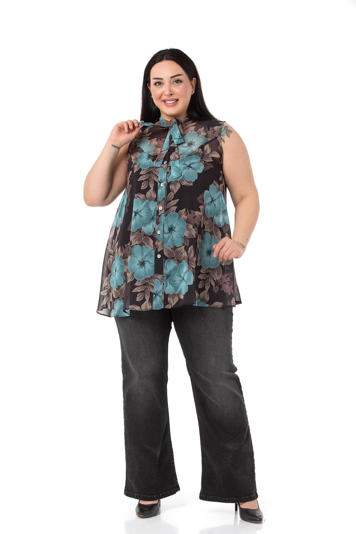 ShirtsDISENTIS GENC BUYUK BEDEN BIGSIZE SIFON GOMLEK KOLSUZ GOMLEKDISENTIS MODESTBüyük Beden Kendinden Fularlı Kolsuz Çiçek Desenli Şifon Mint Yeşili Gömlek