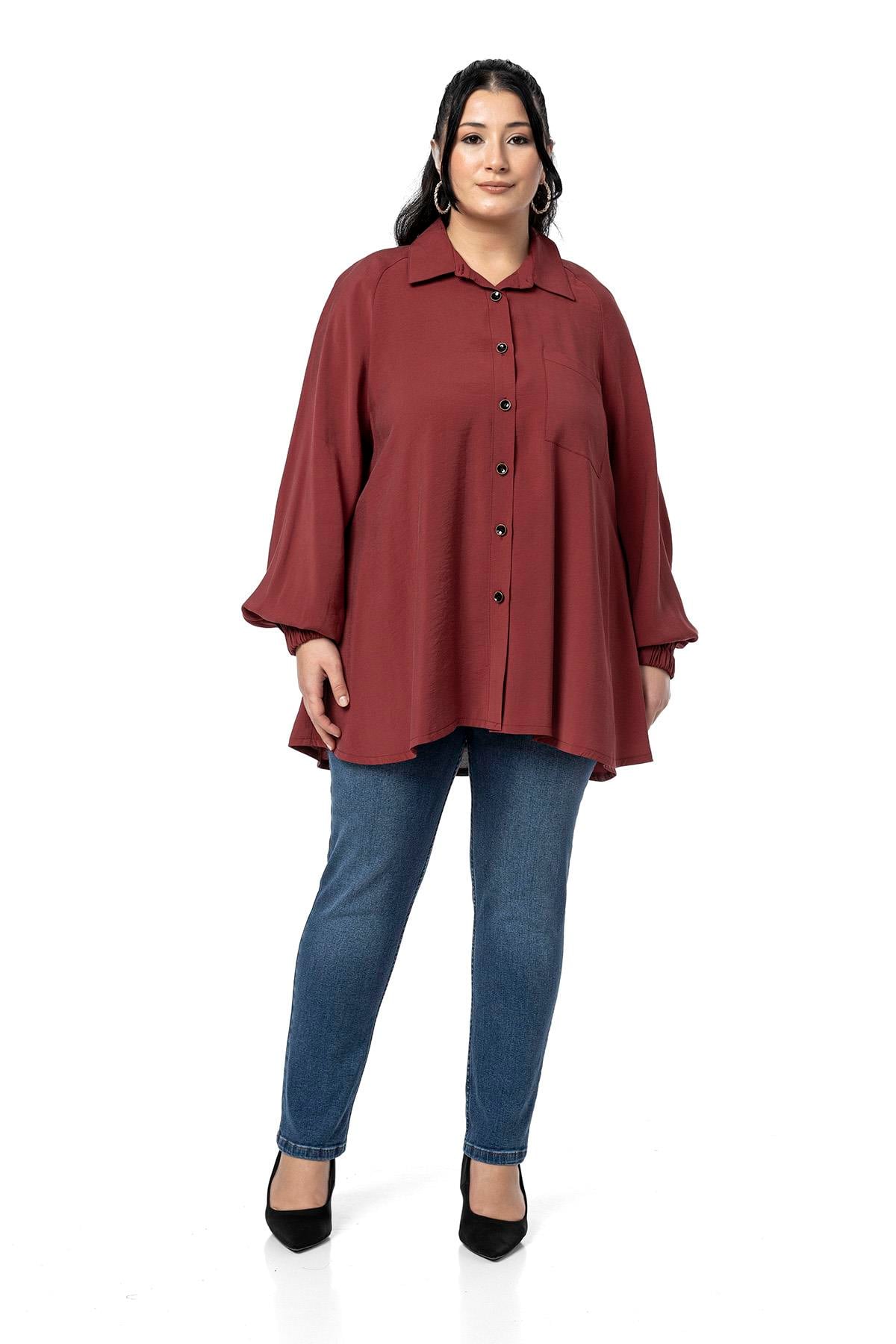 ShirtsDisentis Modest Büyük Beden Kol Ağzı Lastikli Geniş Kesim Reglan Kol Bordo GömlekDISENTIS MODESTBüyük Beden Kol Ağzı Lastikli Geniş Kesim Reglan Kol Bordo Gömlek