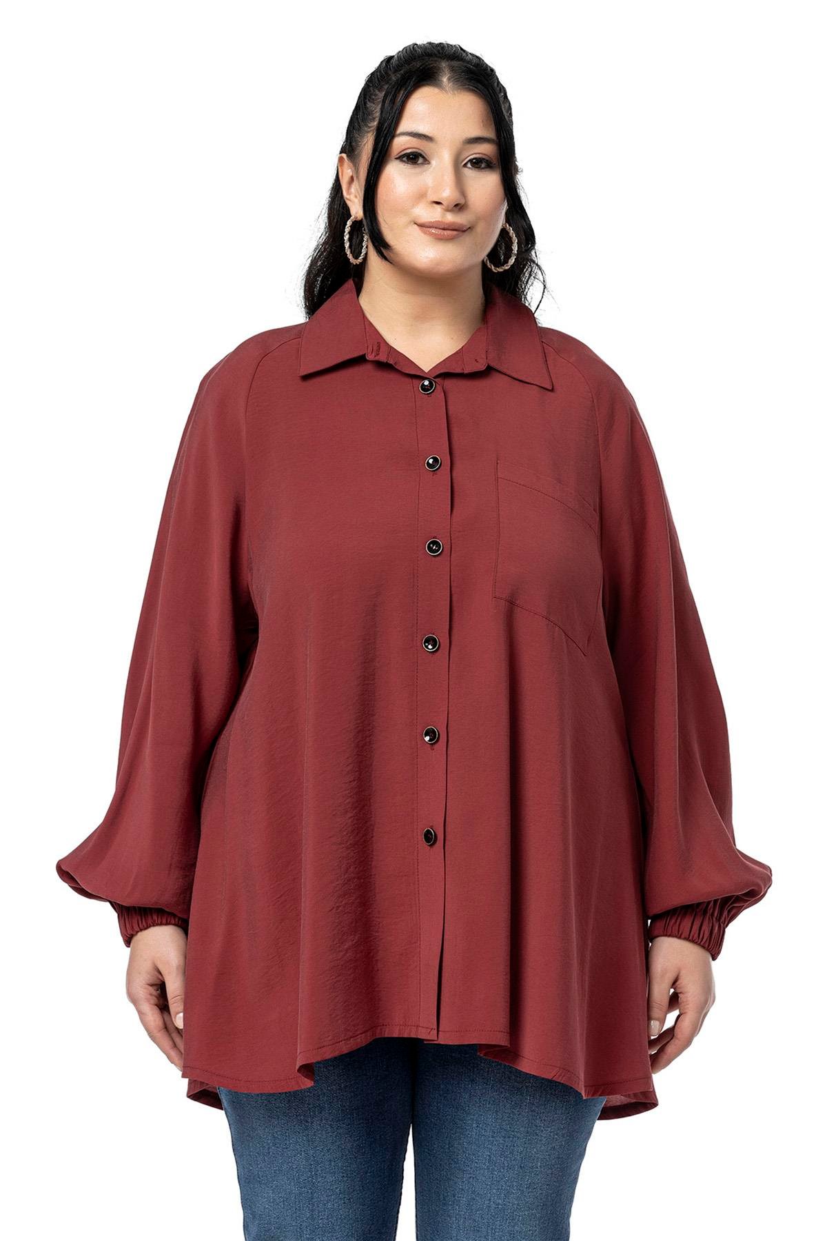 ShirtsDisentis Modest Büyük Beden Kol Ağzı Lastikli Geniş Kesim Reglan Kol Bordo GömlekDISENTIS MODESTBüyük Beden Kol Ağzı Lastikli Geniş Kesim Reglan Kol Bordo Gömlek