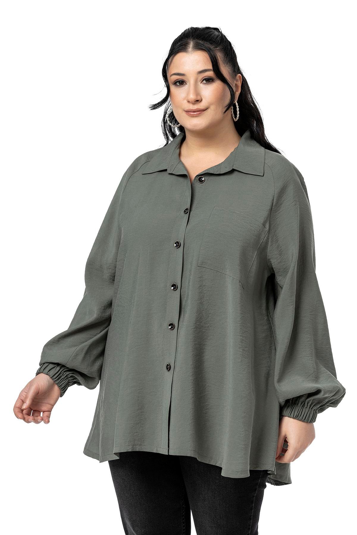 ShirtsDisentis Modest Büyük Beden Kol Ağzı Lastikli Geniş Kesim Reglan Kol Haki GömlekDISENTIS MODESTBüyük Beden Kol Ağzı Lastikli Geniş Kesim Reglan Kol Haki Gömlek