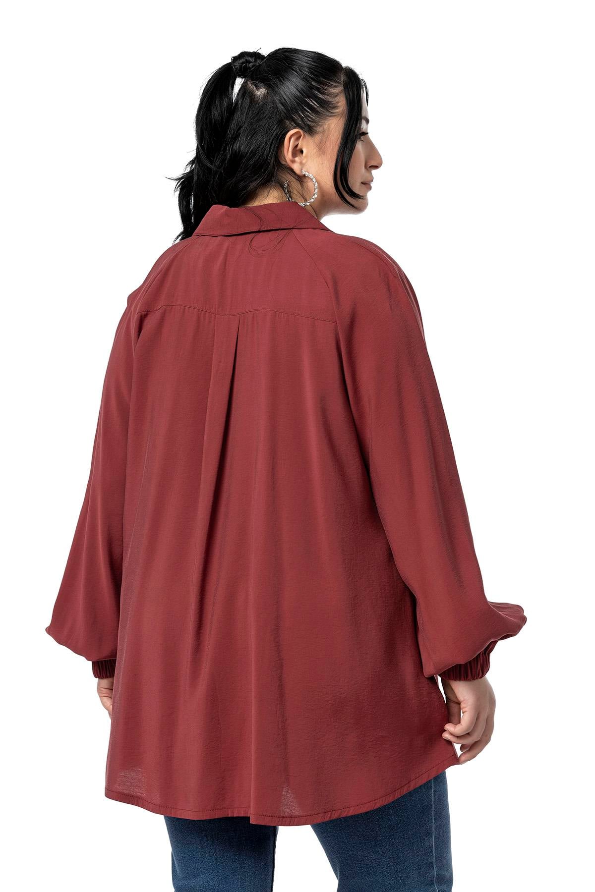 ShirtsDisentis Modest Büyük Beden Kol Ağzı Lastikli Geniş Kesim Reglan Kol Bordo GömlekDISENTIS MODESTBüyük Beden Kol Ağzı Lastikli Geniş Kesim Reglan Kol Bordo Gömlek