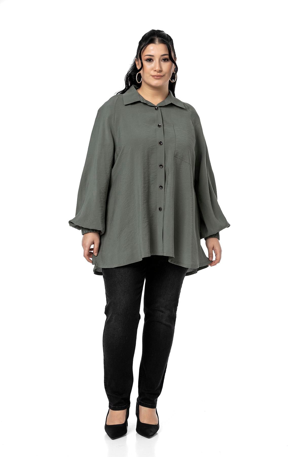 ShirtsDisentis Modest Büyük Beden Kol Ağzı Lastikli Geniş Kesim Reglan Kol Haki GömlekDISENTIS MODESTBüyük Beden Kol Ağzı Lastikli Geniş Kesim Reglan Kol Haki Gömlek