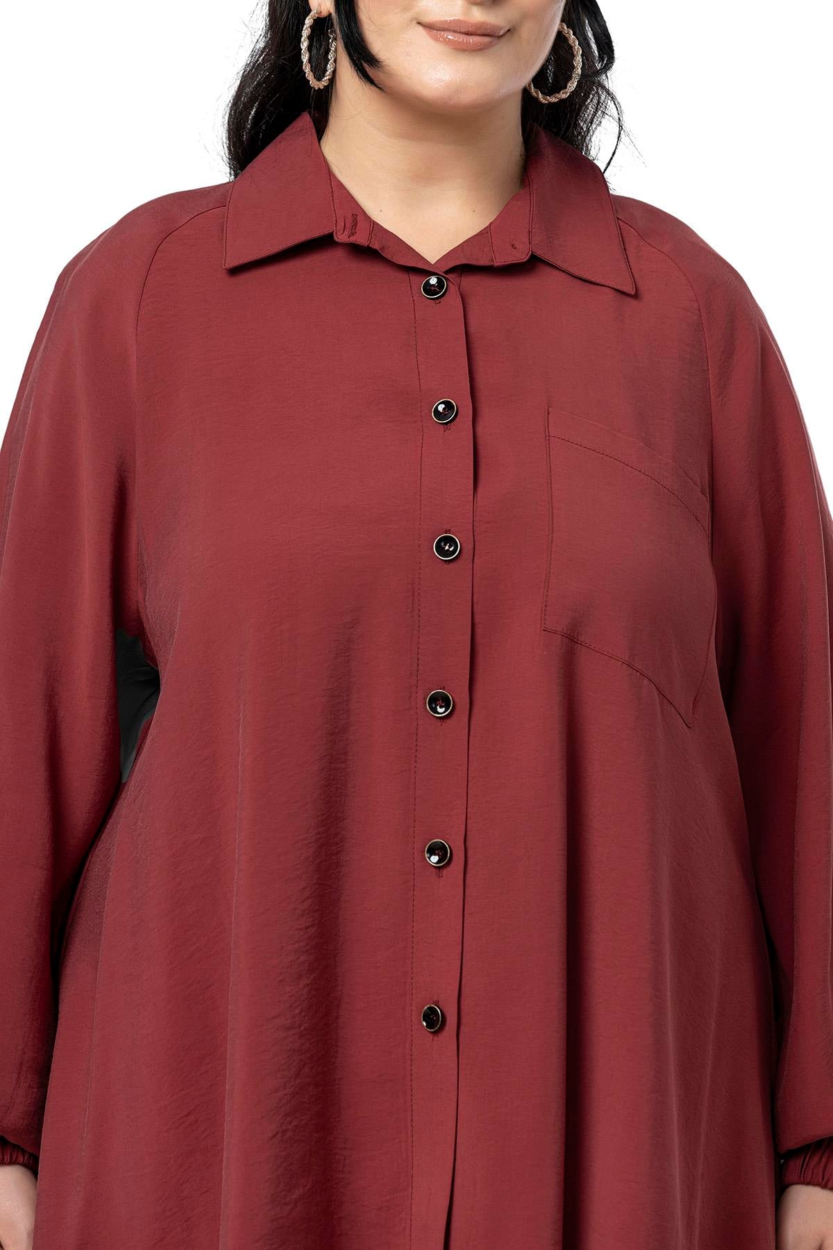 ShirtsDisentis Modest Büyük Beden Kol Ağzı Lastikli Geniş Kesim Reglan Kol Bordo GömlekDISENTIS MODESTBüyük Beden Kol Ağzı Lastikli Geniş Kesim Reglan Kol Bordo Gömlek