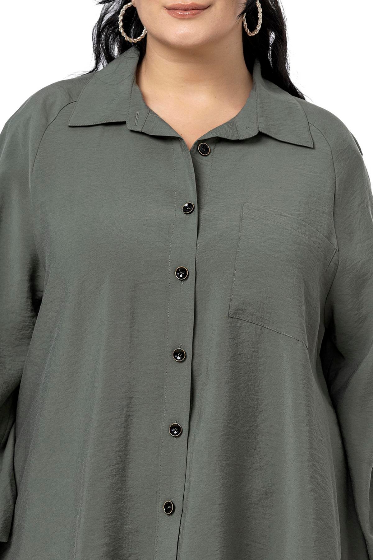 ShirtsDisentis Modest Büyük Beden Kol Ağzı Lastikli Geniş Kesim Reglan Kol Haki GömlekDISENTIS MODESTBüyük Beden Kol Ağzı Lastikli Geniş Kesim Reglan Kol Haki Gömlek