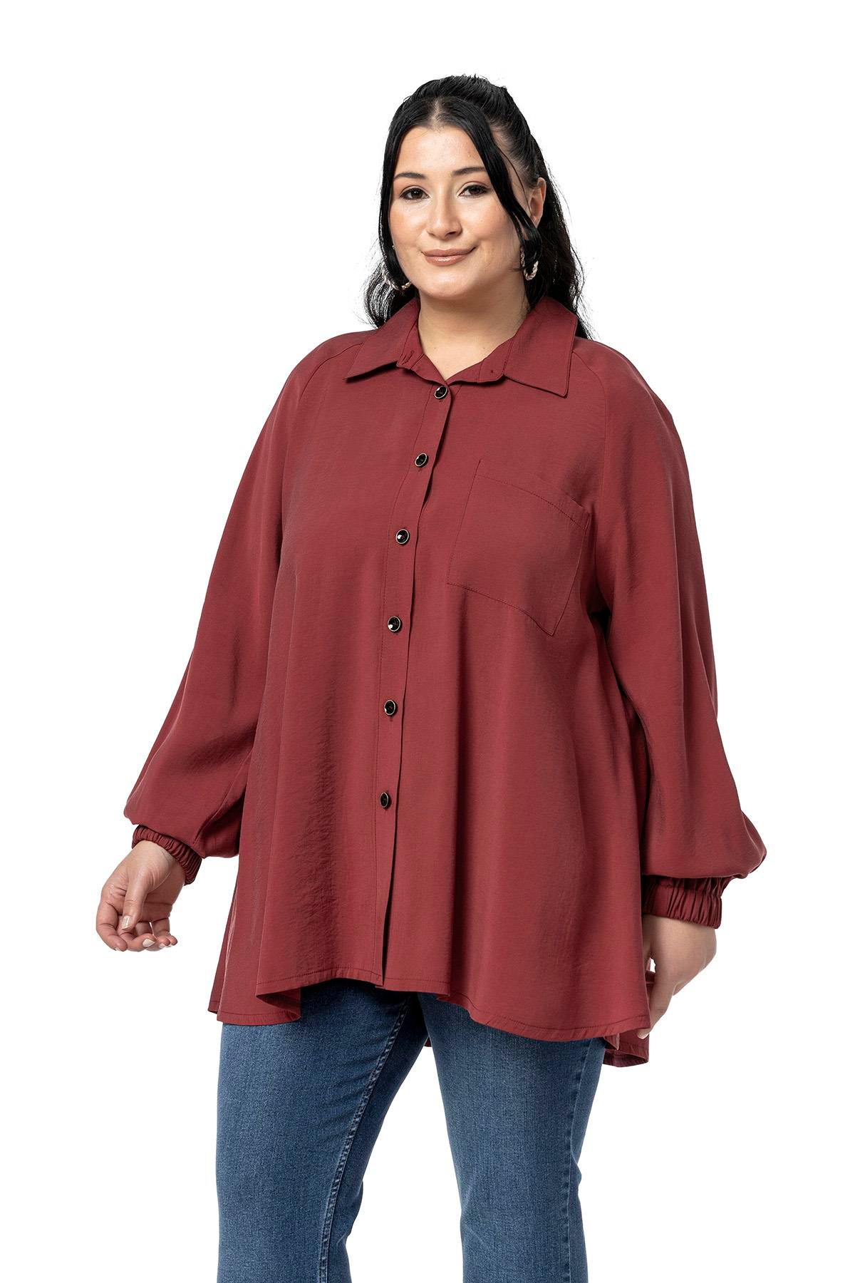 ShirtsDisentis Modest Büyük Beden Kol Ağzı Lastikli Geniş Kesim Reglan Kol Bordo GömlekDISENTIS MODESTBüyük Beden Kol Ağzı Lastikli Geniş Kesim Reglan Kol Bordo Gömlek