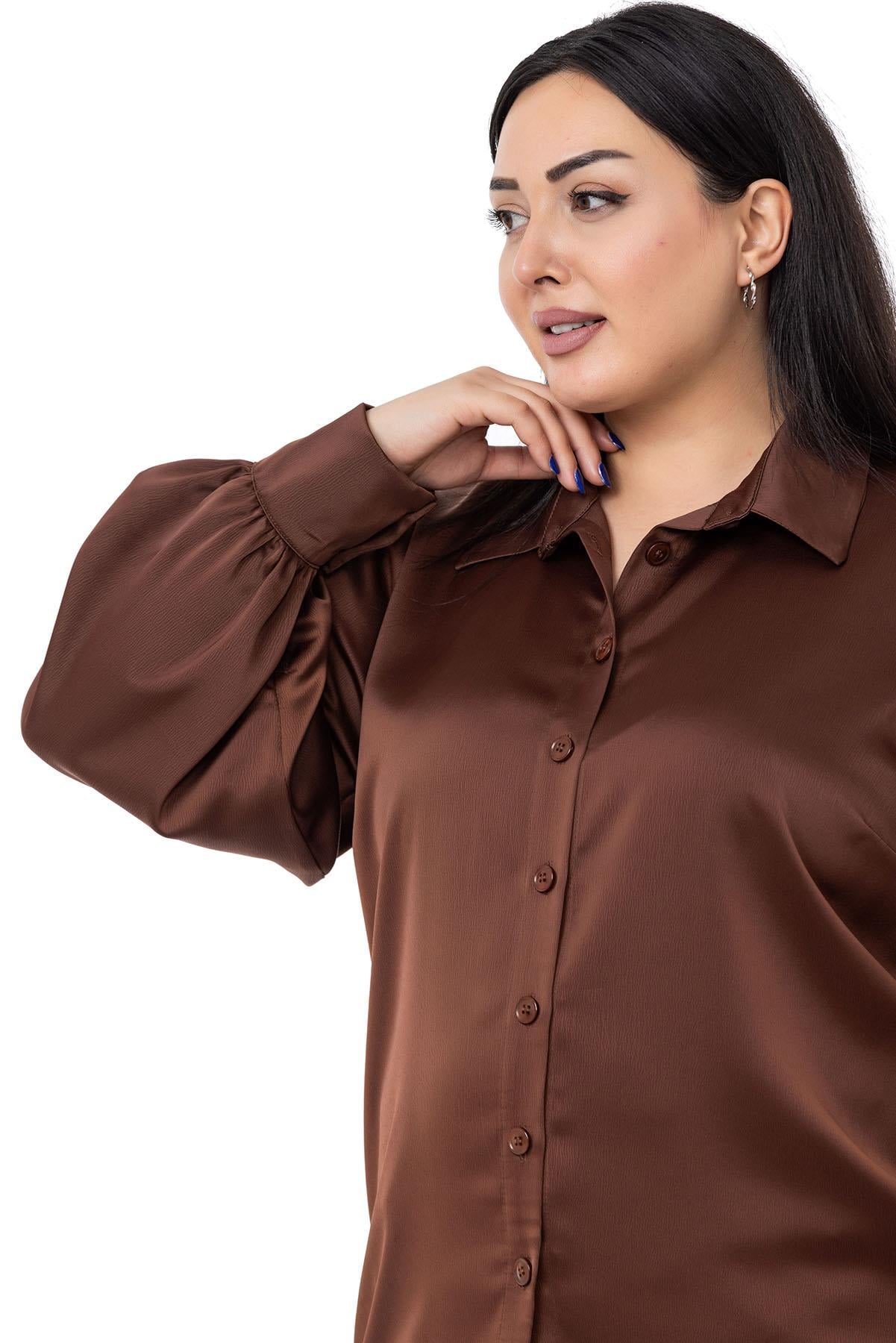ShirtsDISENTIS MODEST GENC BUYUK BEDEN SATEN GOMLEKDISENTIS MODESTBüyük Beden Manşeti ve Kol Tepesi Büzgülü Saten Kahverengi Gömlek