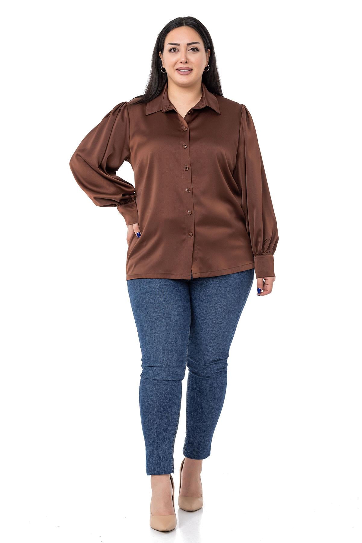 ShirtsDISENTIS MODEST GENC BUYUK BEDEN SATEN GOMLEKDISENTIS MODESTBüyük Beden Manşeti ve Kol Tepesi Büzgülü Saten Kahverengi Gömlek