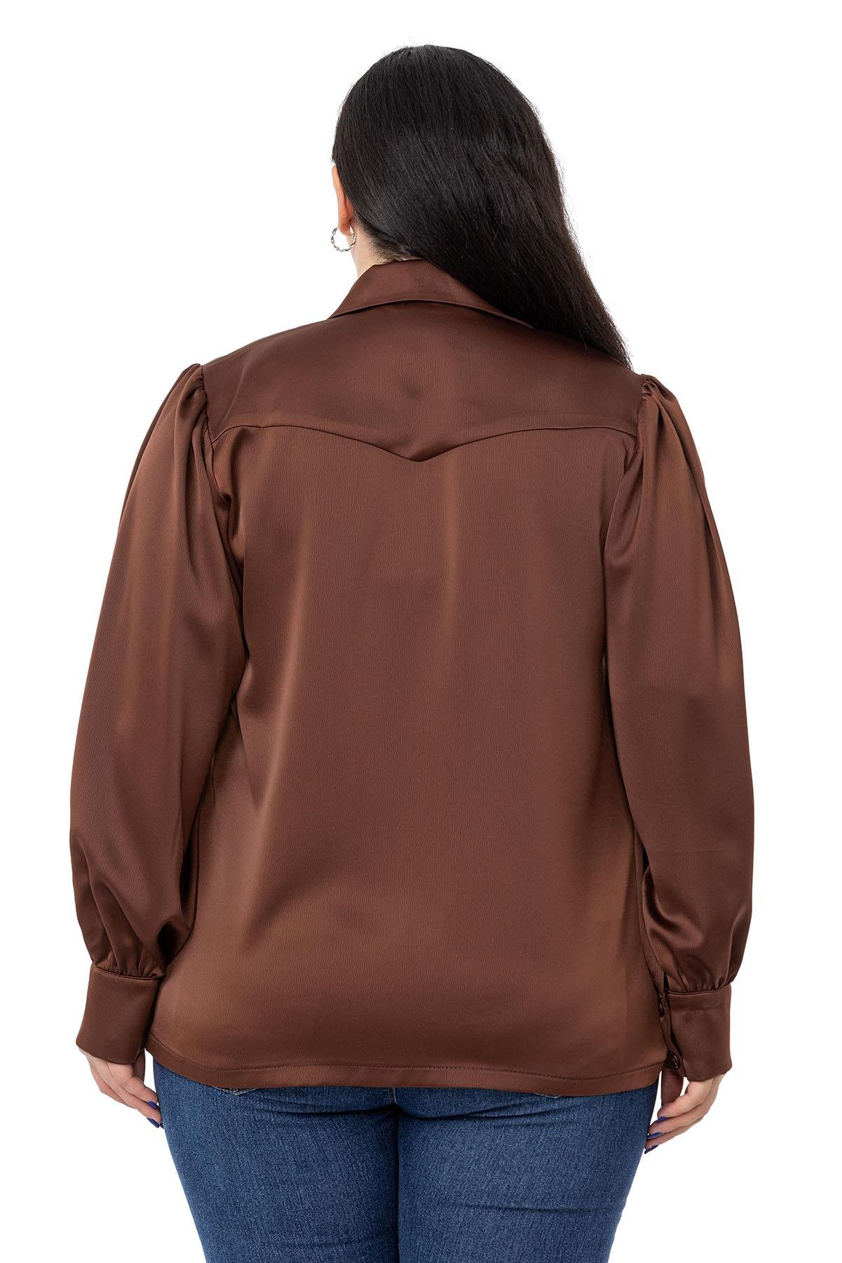 ShirtsDISENTIS MODEST GENC BUYUK BEDEN SATEN GOMLEKDISENTIS MODESTBüyük Beden Manşeti ve Kol Tepesi Büzgülü Saten Kahverengi Gömlek