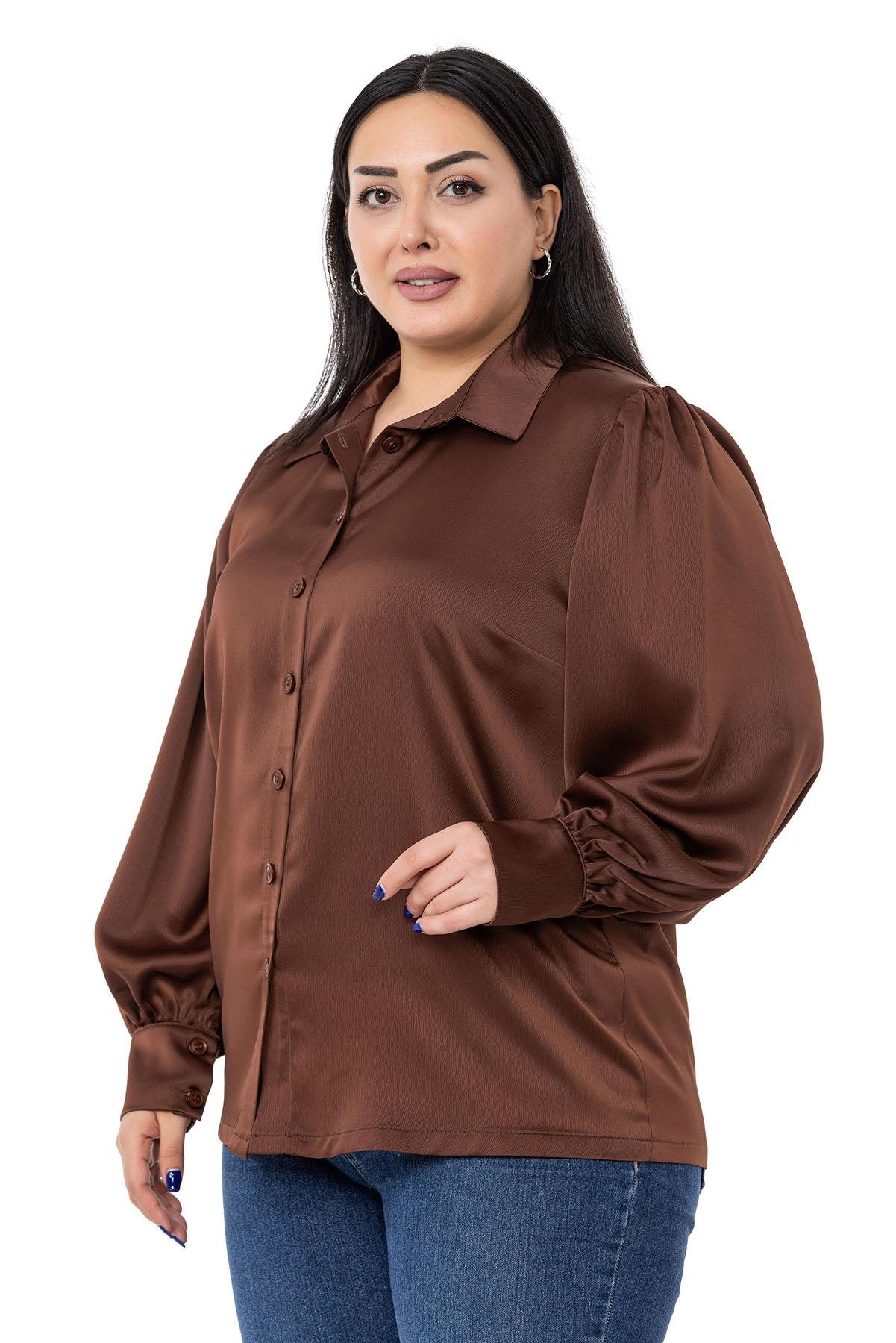 ShirtsDISENTIS MODEST GENC BUYUK BEDEN SATEN GOMLEKDISENTIS MODESTBüyük Beden Manşeti ve Kol Tepesi Büzgülü Saten Kahverengi Gömlek